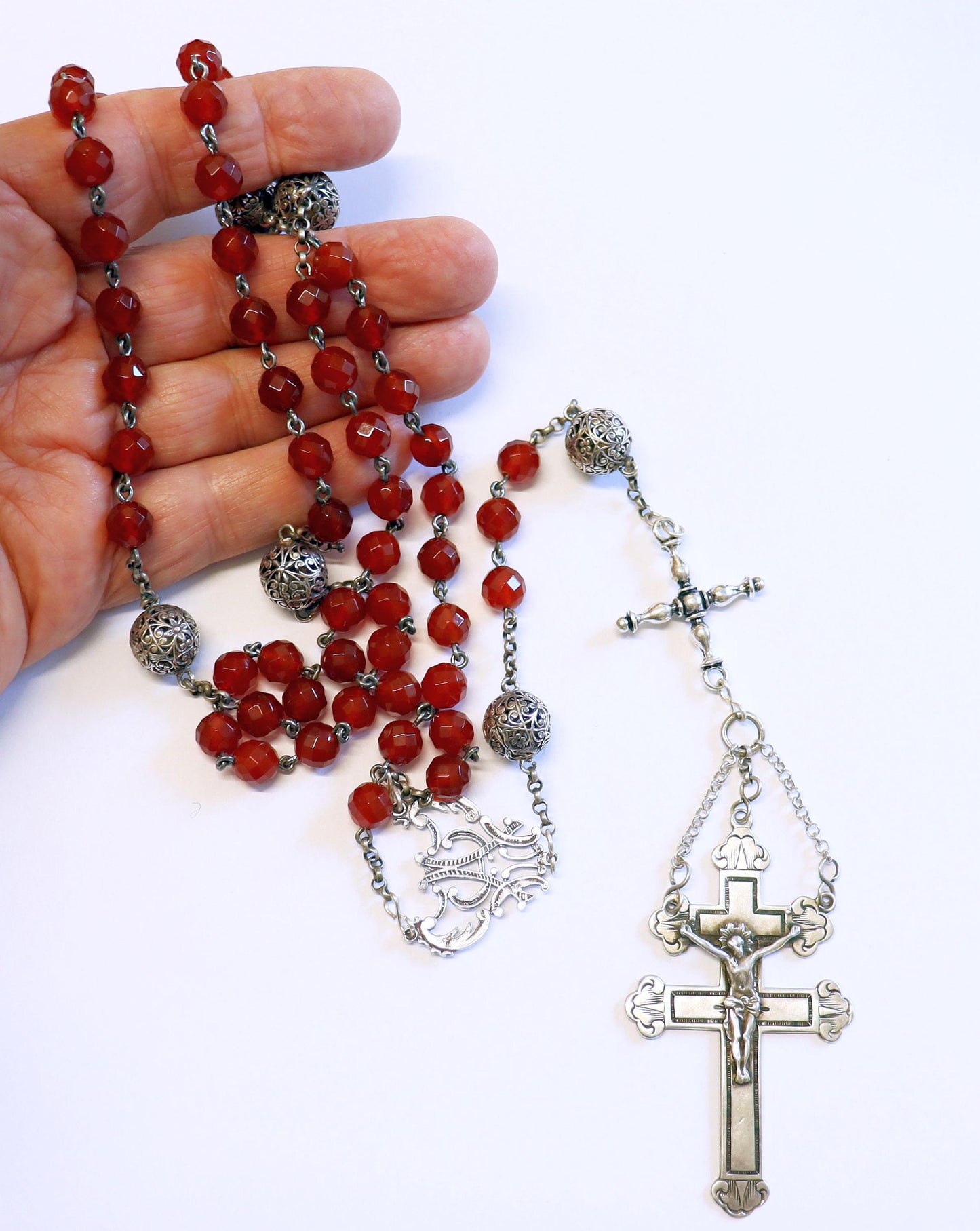 Early 20th Cent. Antique Sterling & Carnelian Lorraine Catholic Rosary XX Rarity