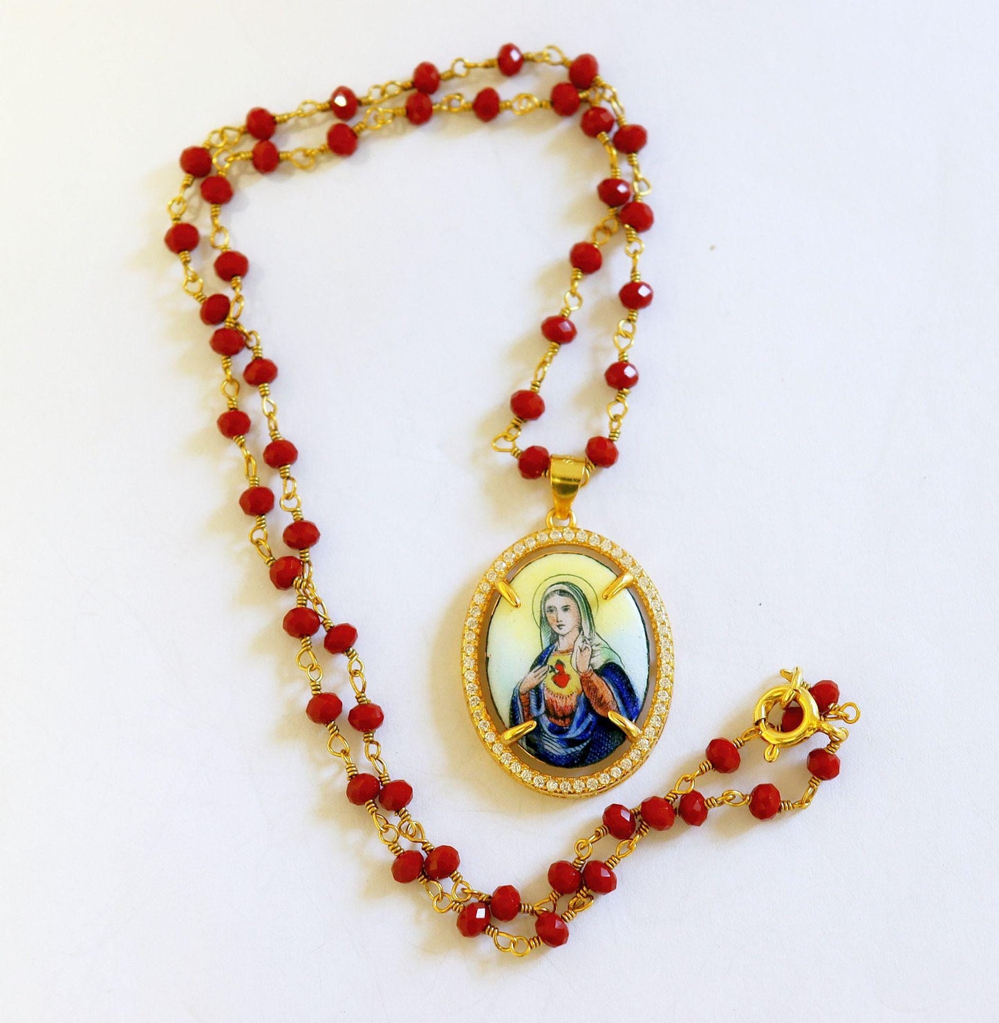 Sacred Heart of Mary Hand Painted Miniature Vintage Medal in Vermeil Zircon Frame w Faceted Carnelian Rosary Sterling Chain- V.Rare