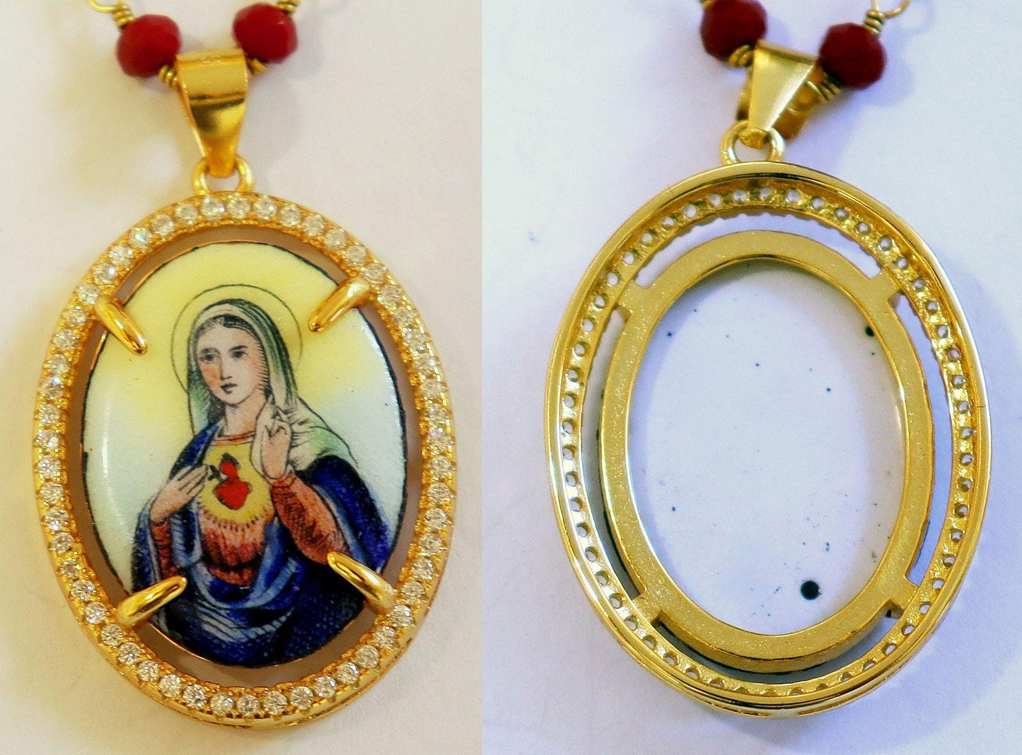 Sacred Heart of Mary Hand Painted Miniature Vintage Medal in Vermeil Zircon Frame w Faceted Carnelian Rosary Sterling Chain- V.Rare