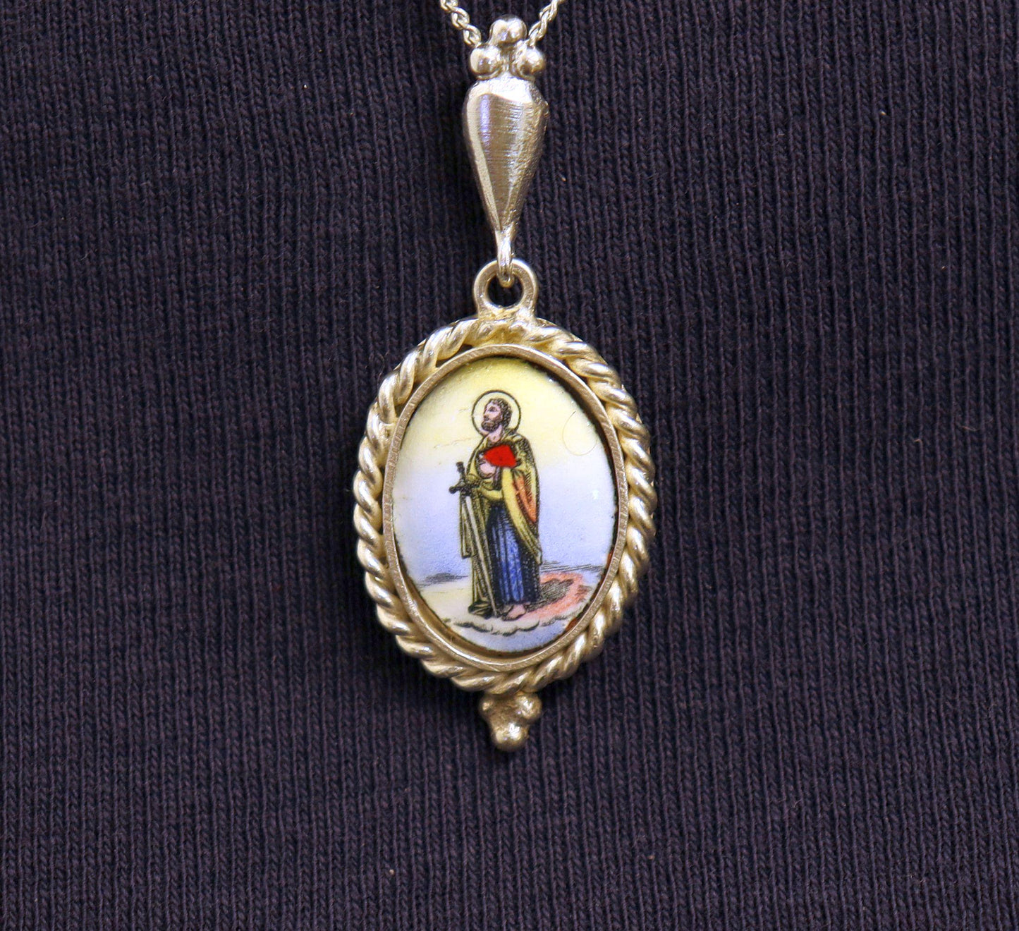 St. Paul Hand Painted Miniature Vintage Medal in Hand made Sterling Silver Frame w Sterling Silver Chain- V.Rare