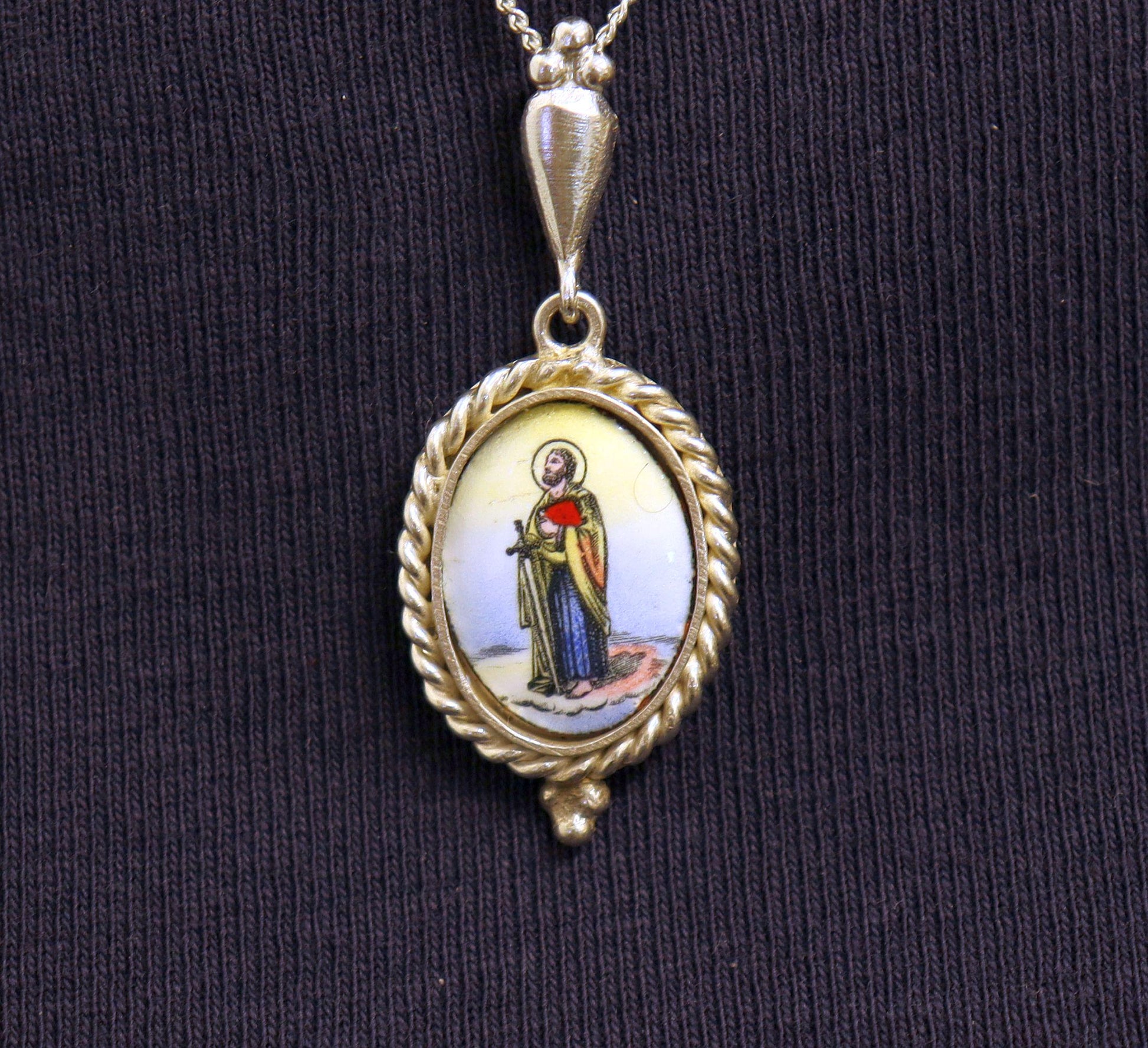 St. Paul Hand Painted Miniature Vintage Medal in Hand made Sterling Silver Frame w Sterling Silver Chain- V.Rare