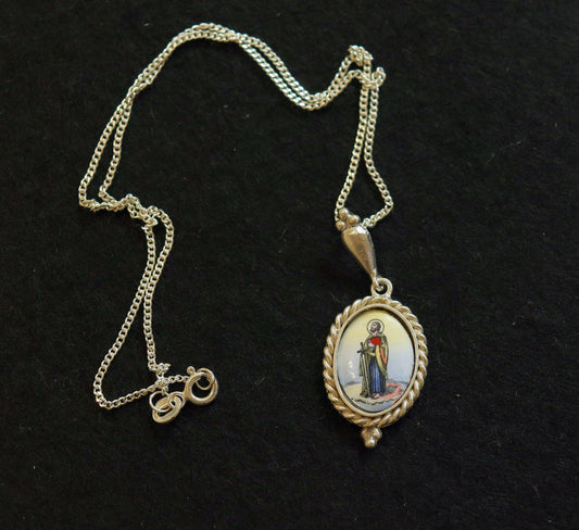 Vintage Enameled Medal Hand Painted Miniature of St. Paul in Hand made Sterling Silver Frame w Sterling Silver Chain- V.Rare