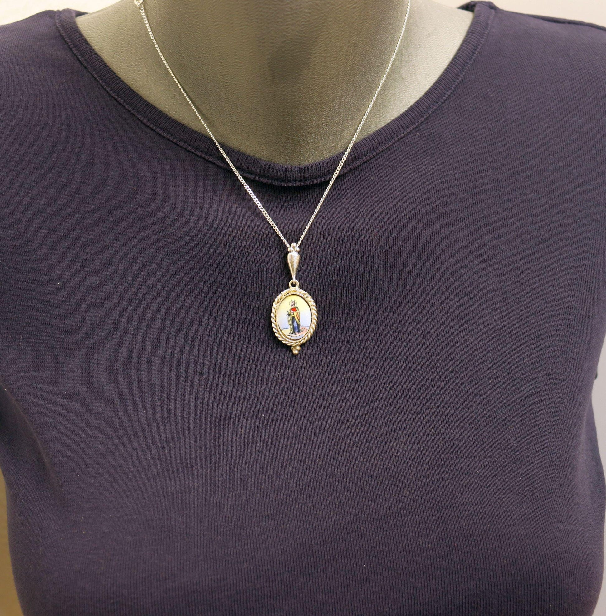 Vintage St. Paul Enameled Medal: Hand-Painted Sterling Silver Pendant Necklace