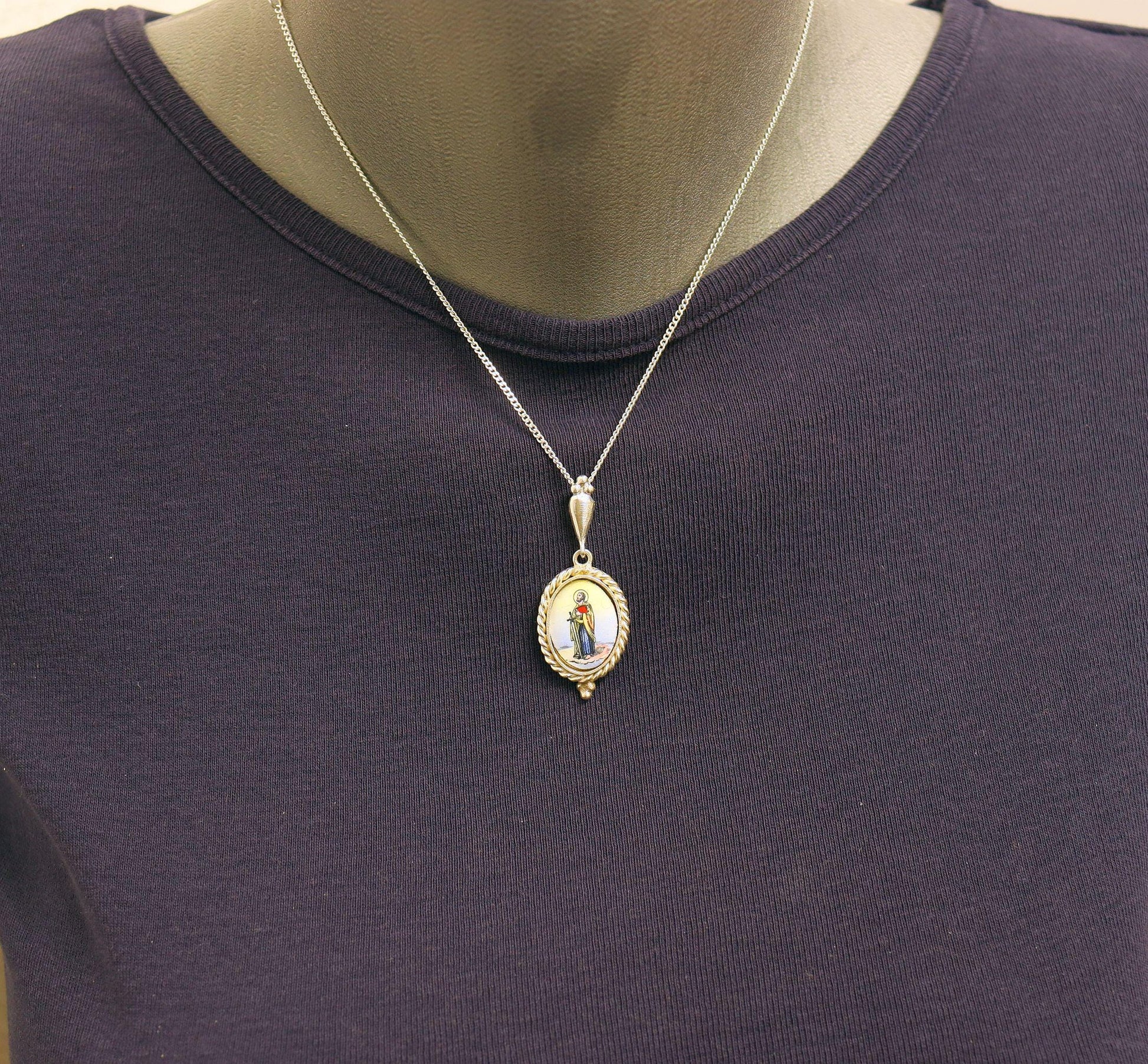 Vintage St. Paul Enameled Medal: Hand-Painted Sterling Silver Pendant Necklace