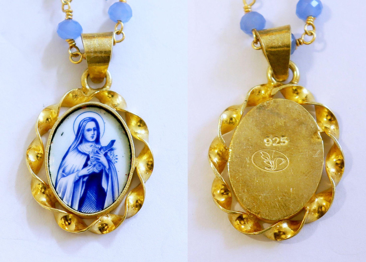 Miniature Vintage Enamel Medal of St Therese in Hand made Vermeil Frame w Faceted Aquamarin Rosary Vermeil Chain- V.Rare