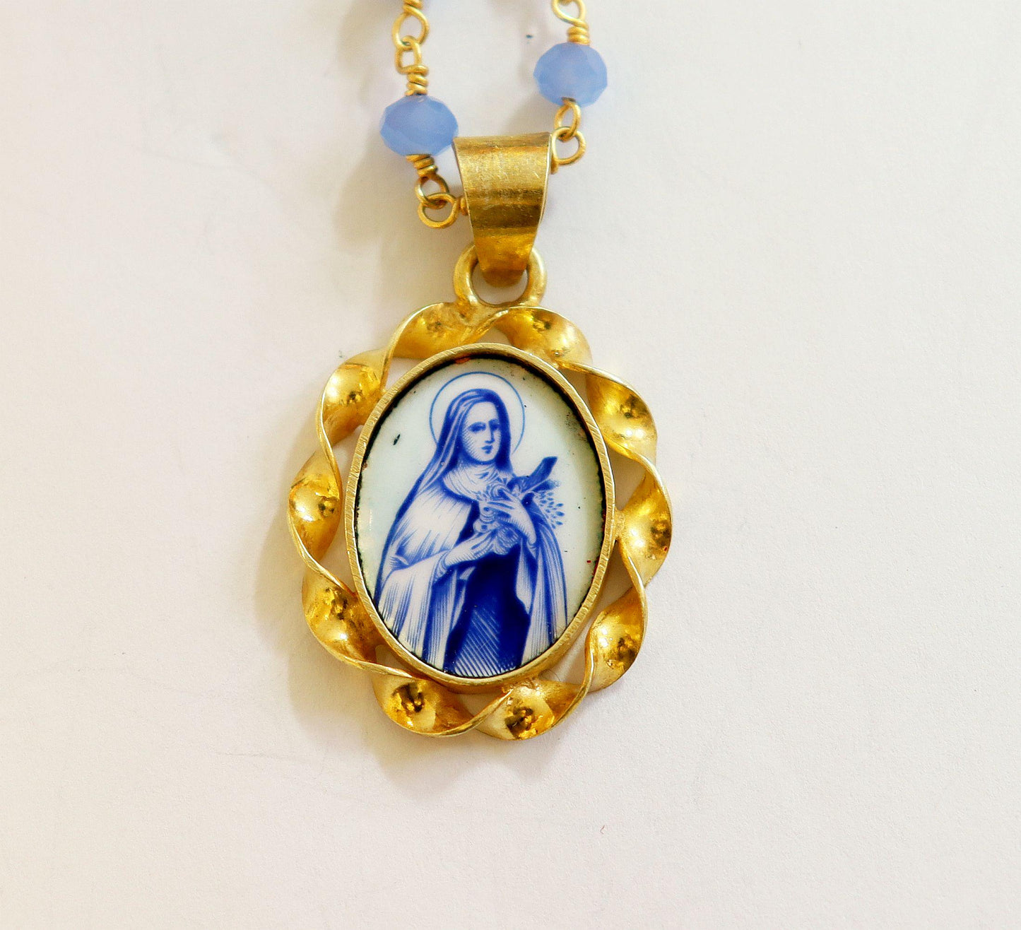 St Therese Miniature Vintage Enamel Medal in Hand made Vermeil Frame w Faceted Aquamarin Rosary Vermeil Chain- V.Rare