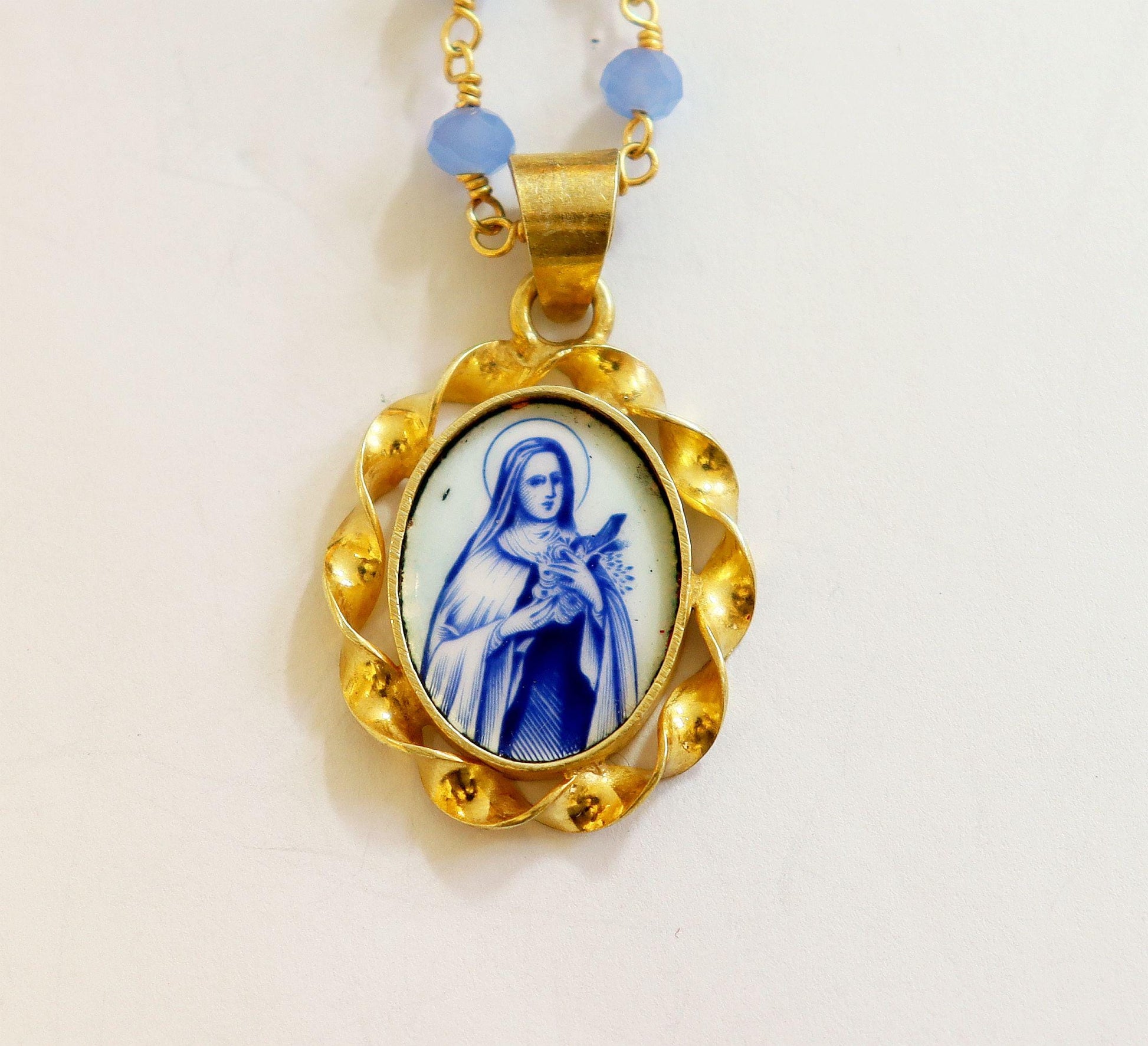 Miniature Vintage Enamel Medal of St Therese in Hand made Vermeil Frame w Faceted Aquamarin Rosary Vermeil Chain- V.Rare