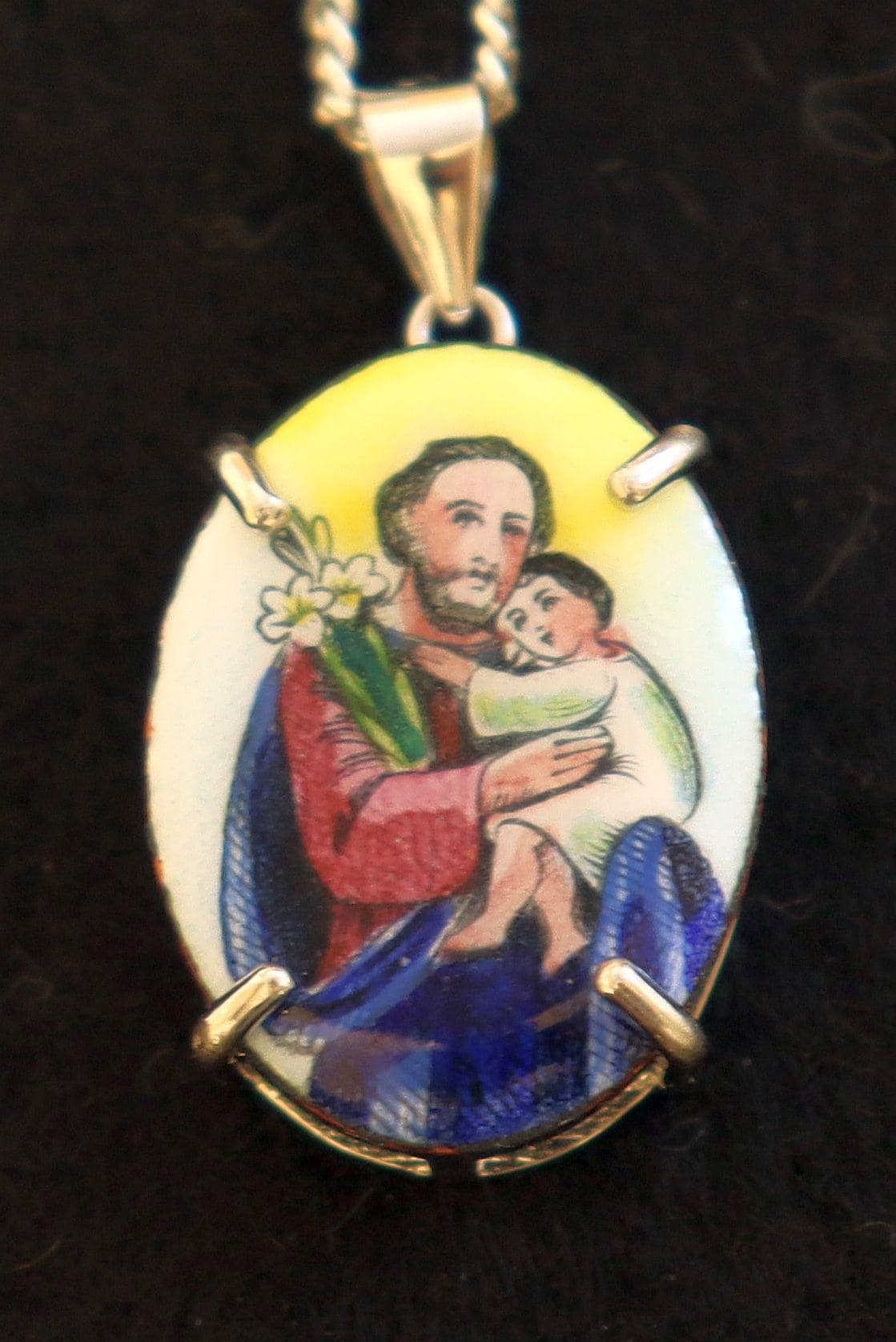 St. Joseph Hand Painted Miniature Vintage Enameled Medal in Hand made Sterling Silver Frame w Sterling Silver Chain- V.Rare