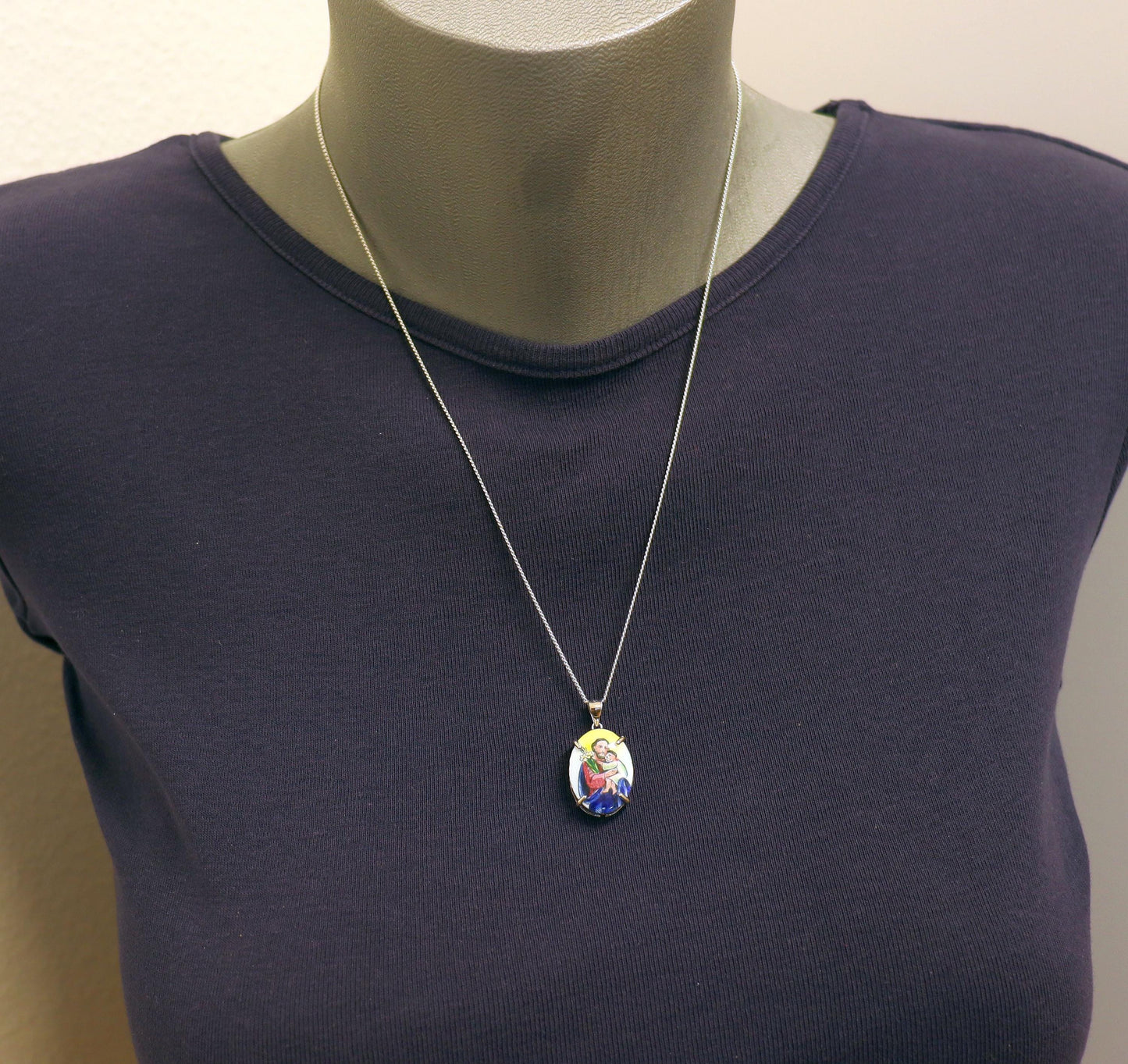 Hand Painted St. Joseph Porcelain Medal: Vintage Sterling Silver Necklace