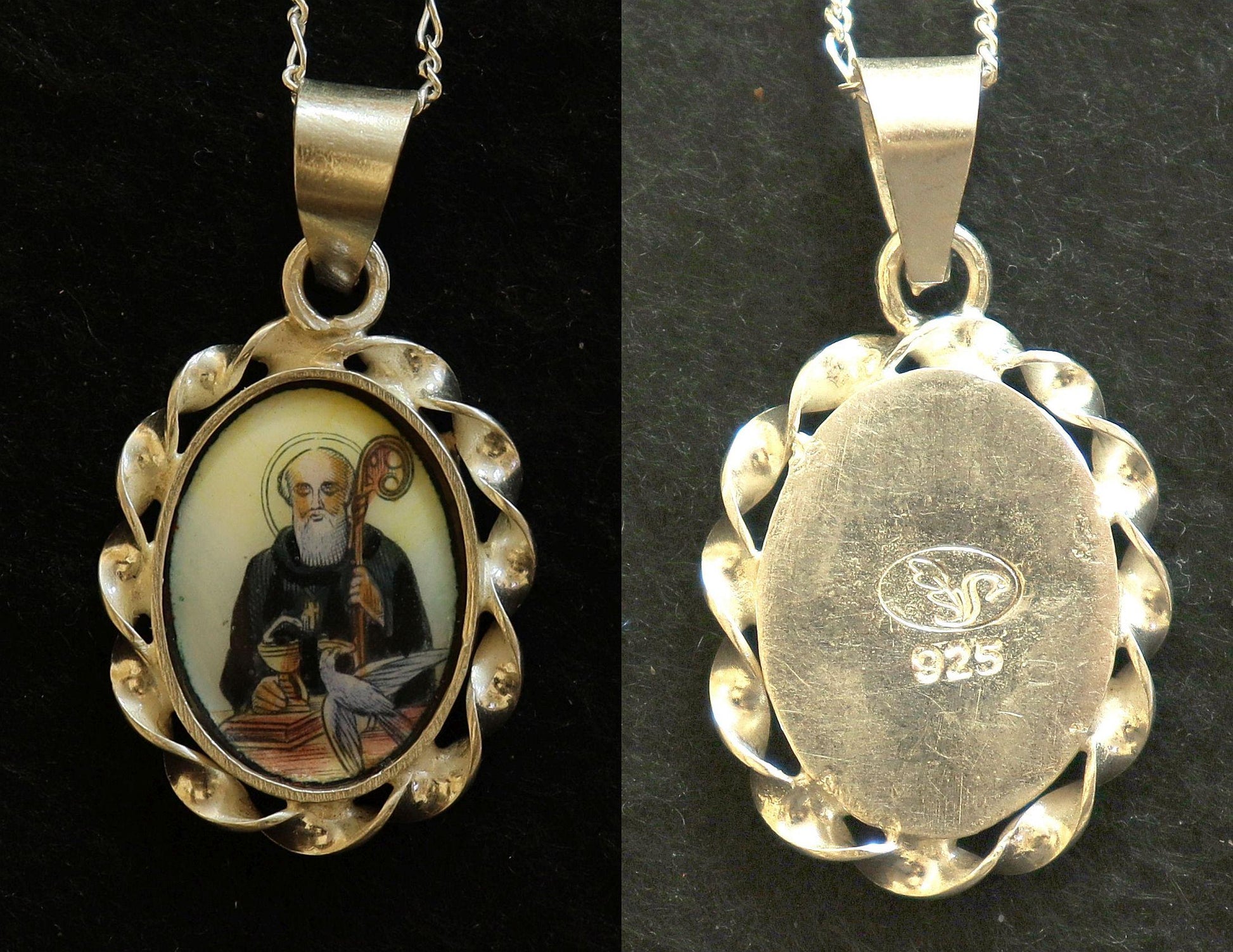 St. Benedict Hand Painted Miniature Vintage Enameled Medal in Hand made Sterling Silver Frame w Sterling Silver Chain- V.Rare