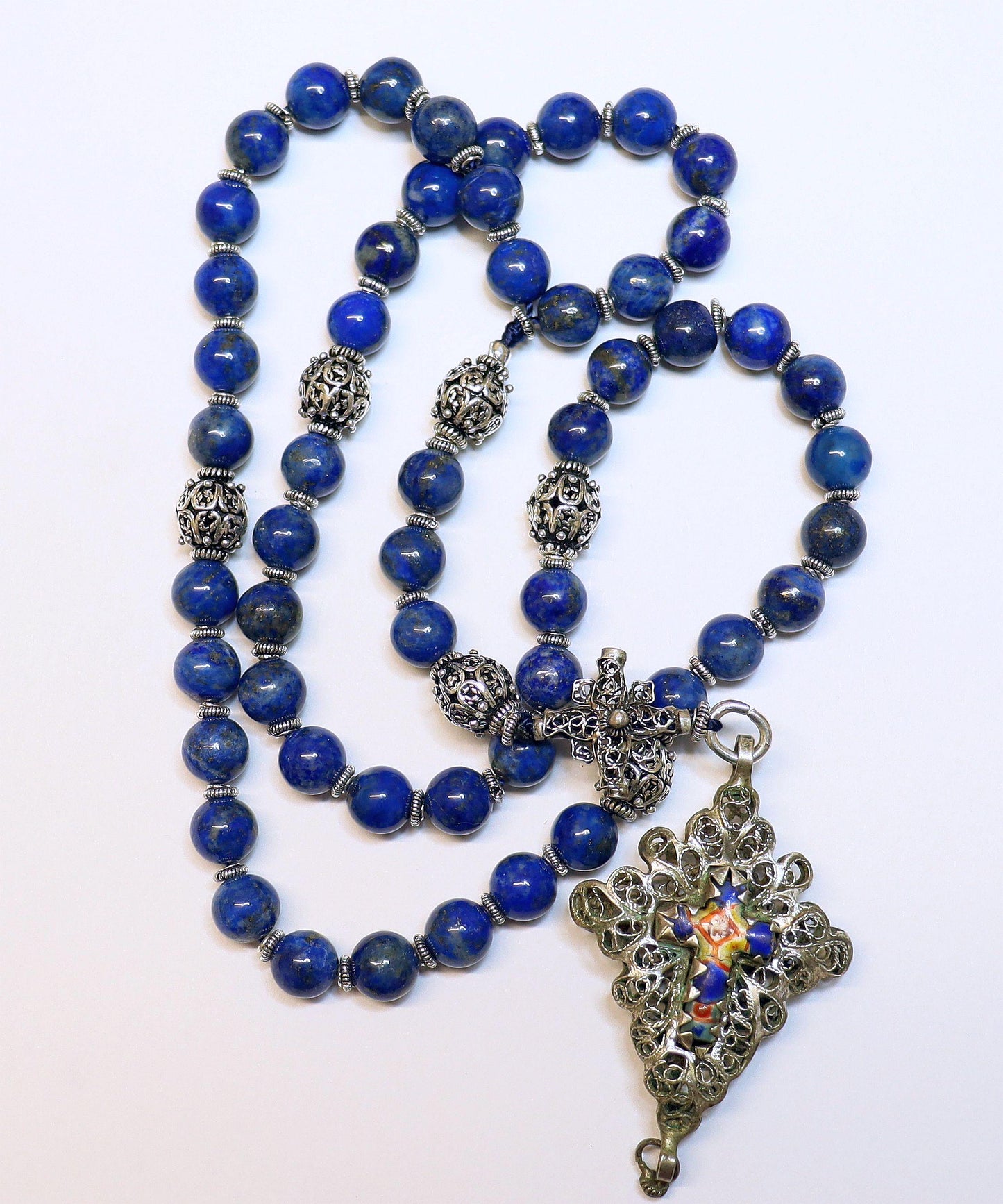Filigree Catholic Rosary, Vintage Bavarian Biedermeier Lapis, German Style Rosary, Credo and Reliquary Porcelain Inlay Crosses, Prayer Gift