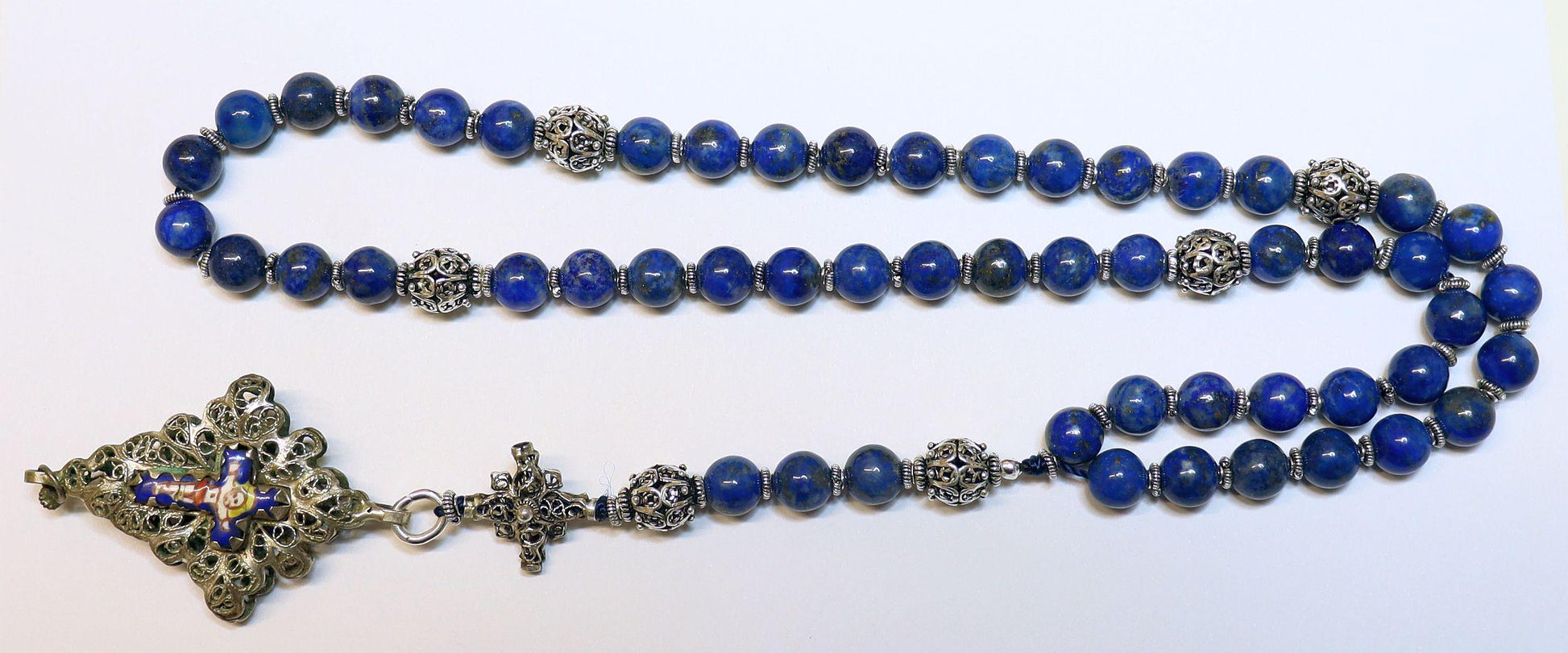 Filigree Catholic Rosary, Vintage Bavarian Biedermeier Lapis, German Style Rosary, Credo and Reliquary Porcelain Inlay Crosses, Prayer Gift