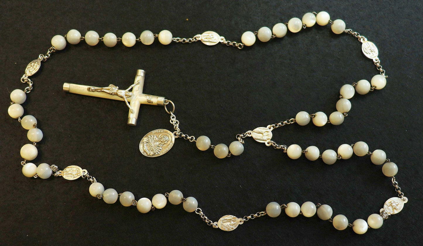 Early 20th Cent. Very Rare Antique Rosary of our Lady of 7 Sorrows, MOP and Sterling Silver - Large Item