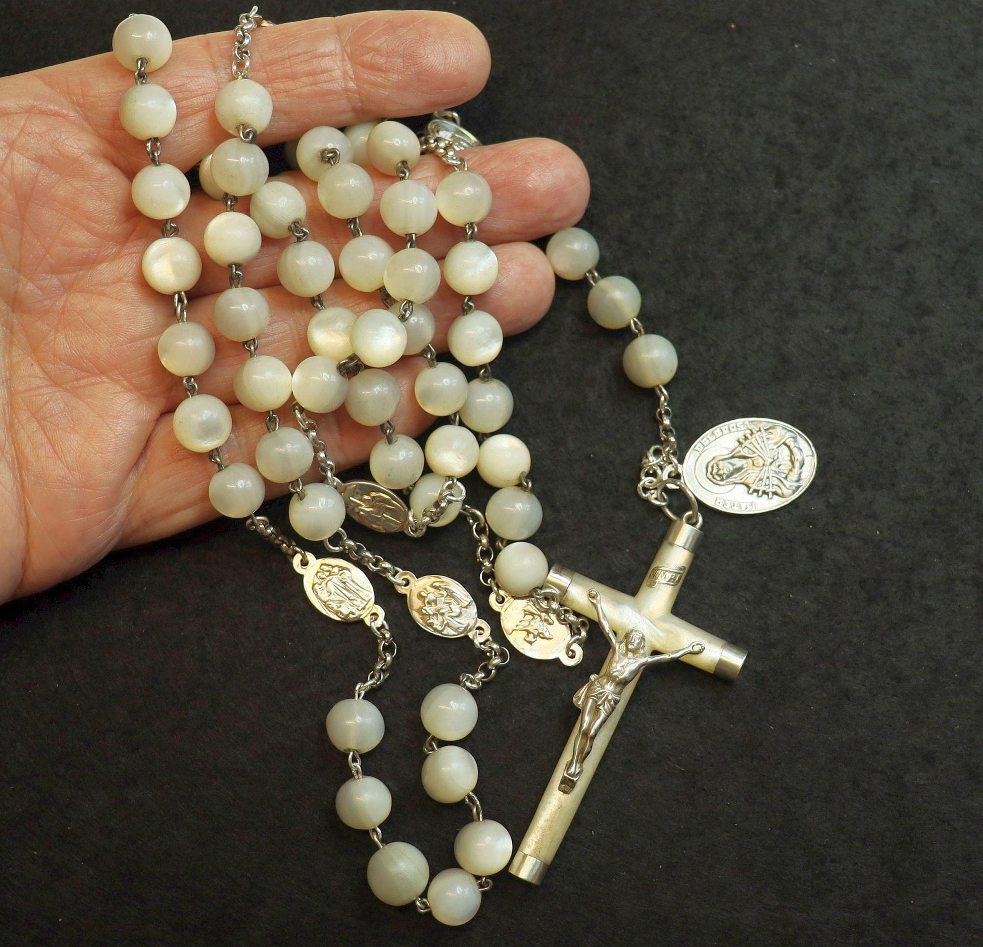 Early 20th Cent. Very Rare Antique Rosary of our Lady of 7 Sorrows, MOP and Sterling Silver - Large Item