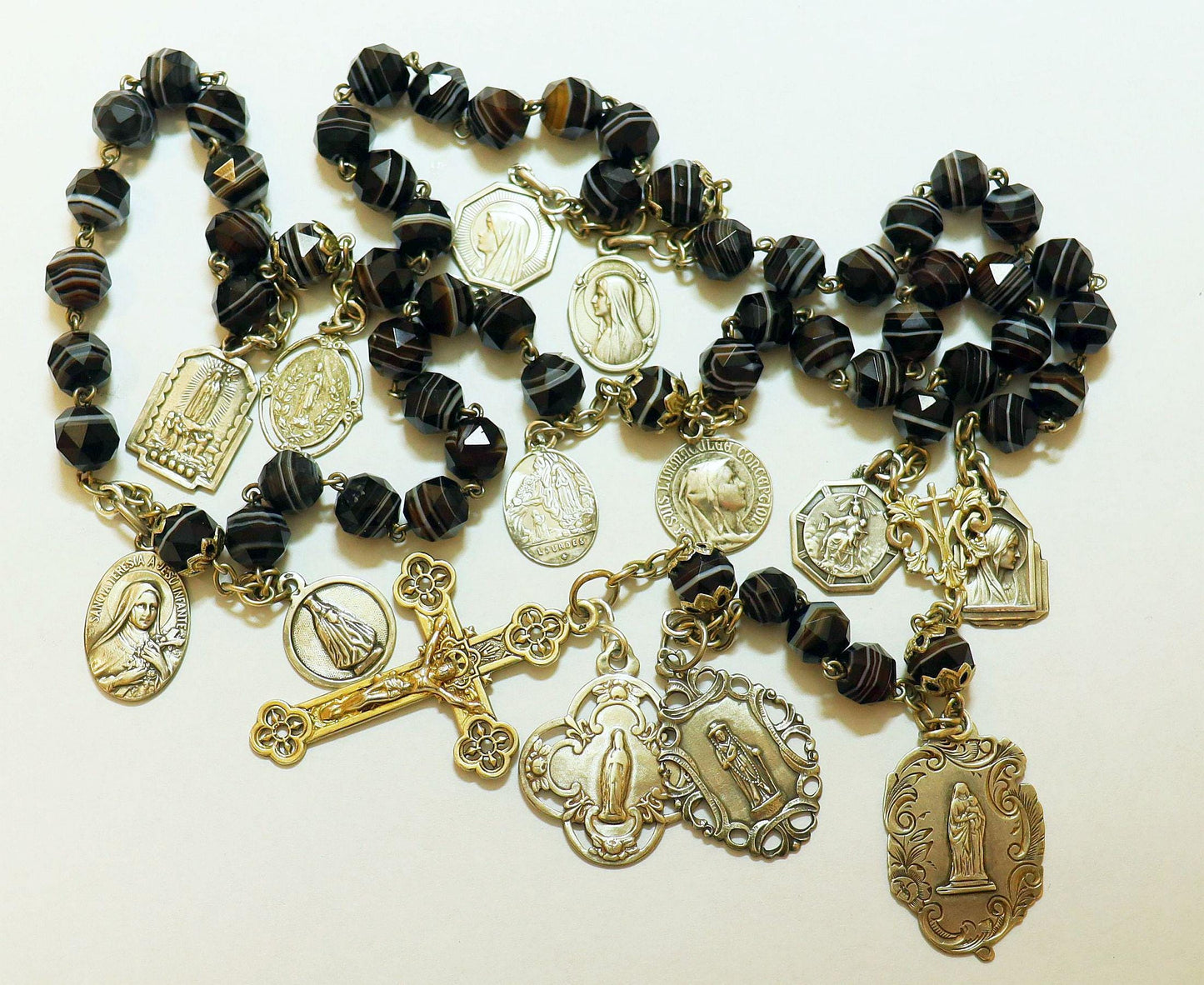 Mid 20th Cent. Black Banded Agathe & Sterling Highly Exceptional Catholic Rosary w 13 Rare Antique Medals all Sterling Silver - Rare