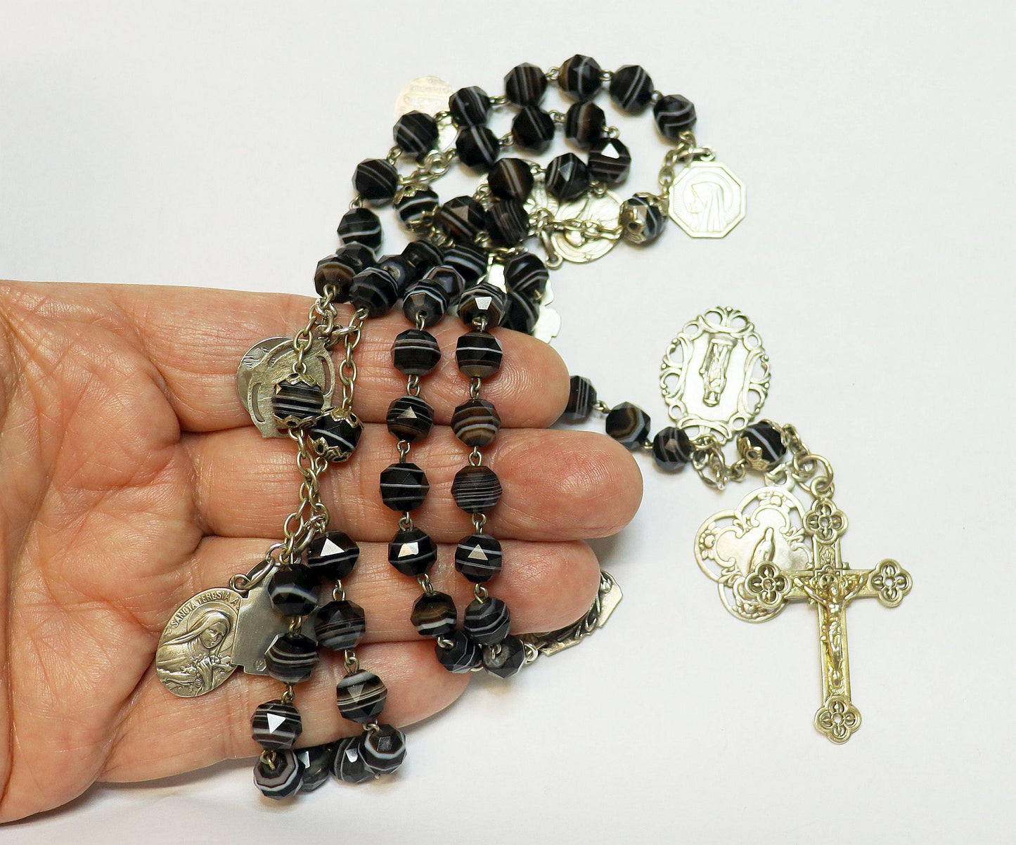 Mid 20th Cent. Black Banded Agathe & Sterling Highly Exceptional Catholic Rosary w 13 Rare Antique Medals all Sterling Silver - Rare