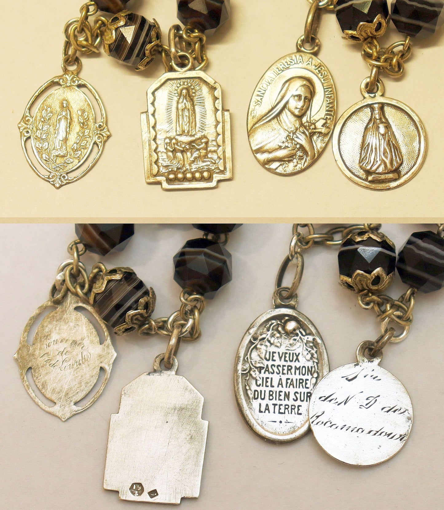 Mid 20th Cent. Black Banded Agathe & Sterling Highly Exceptional Catholic Rosary w 13 Rare Antique Medals all Sterling Silver - Rare