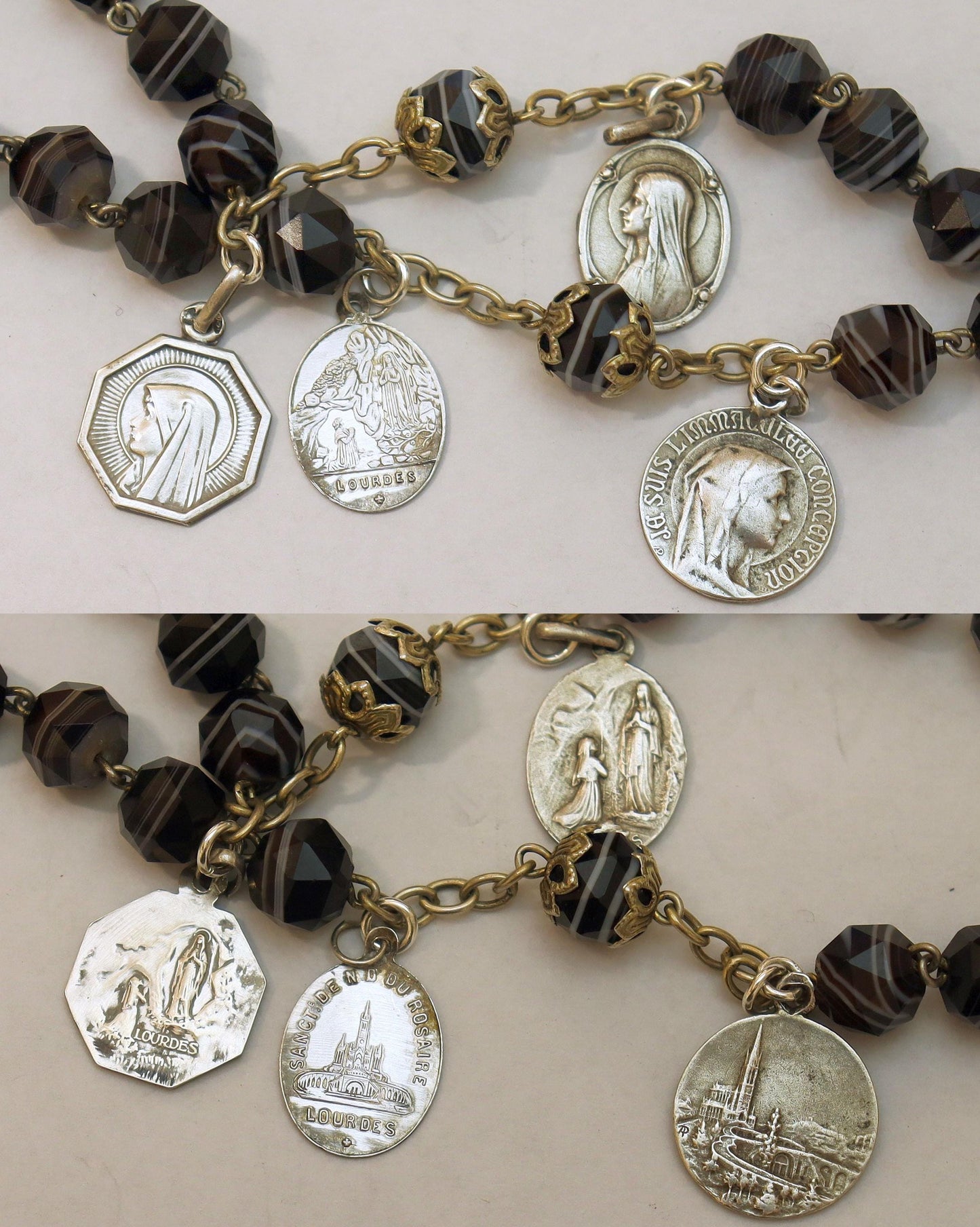 Mid 20th Cent. Black Banded Agathe & Sterling Highly Exceptional Catholic Rosary w 13 Rare Antique Medals all Sterling Silver - Rare