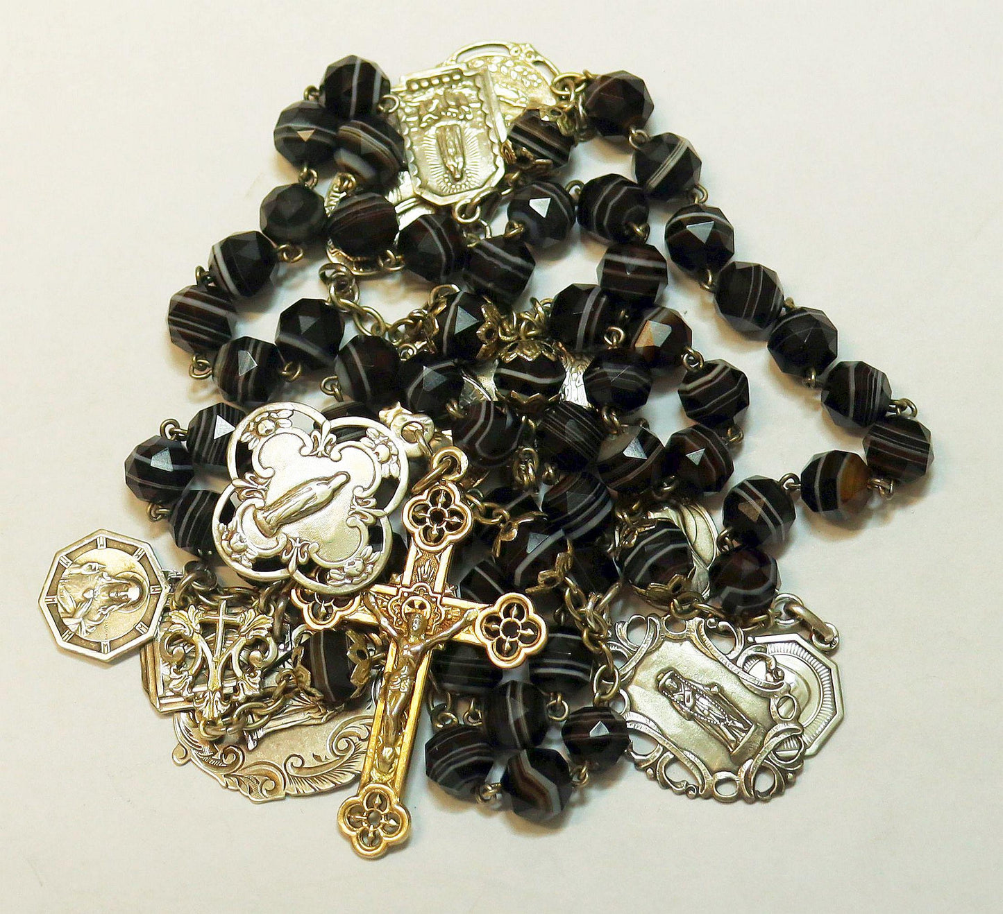 Mid 20th Cent. Black Banded Agathe & Sterling Highly Exceptional Catholic Rosary w 13 Rare Antique Medals all Sterling Silver - Rare