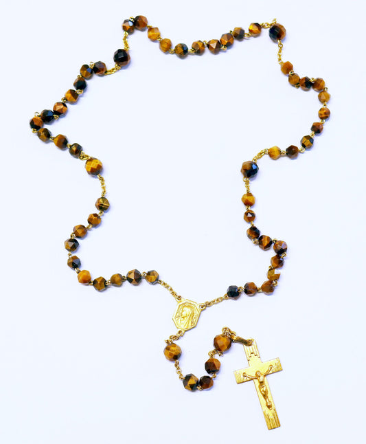 Vintage Tiger Eye Gold Rolled Catholic Rosary, Hand-Faceted Beads, 1930's Unique Vintage Religious Jewelry