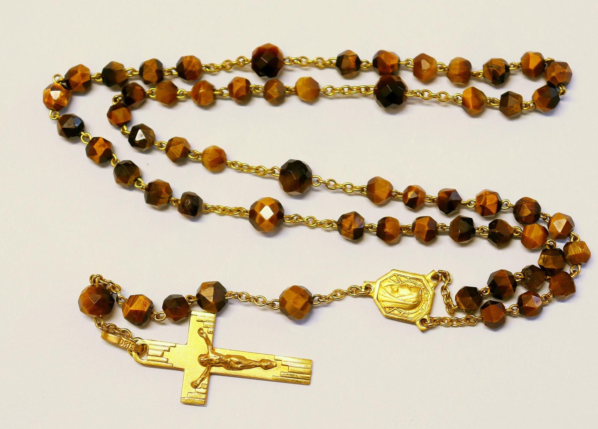 Vintage Tiger Eye Gold Rolled Catholic Rosary, Hand-Faceted Beads, 1930's Unique Vintage Religious Jewelry