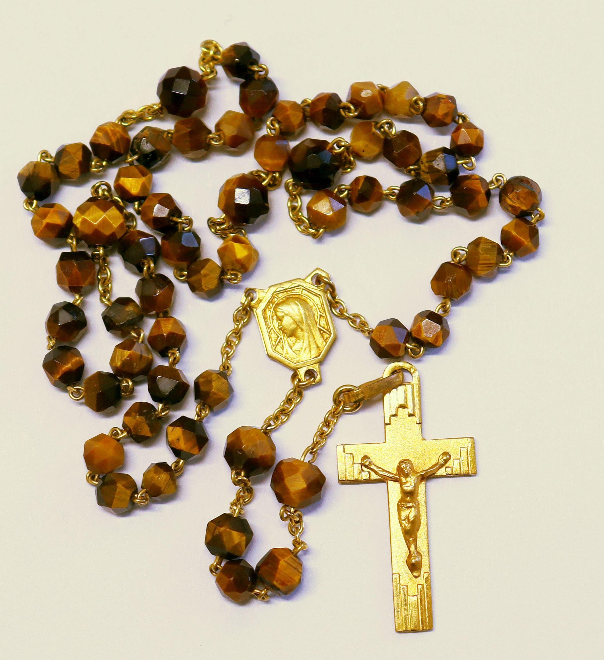 Vintage Tiger Eye Gold Rolled Catholic Rosary, Hand-Faceted Beads, 1930's Unique Vintage Religious Jewelry