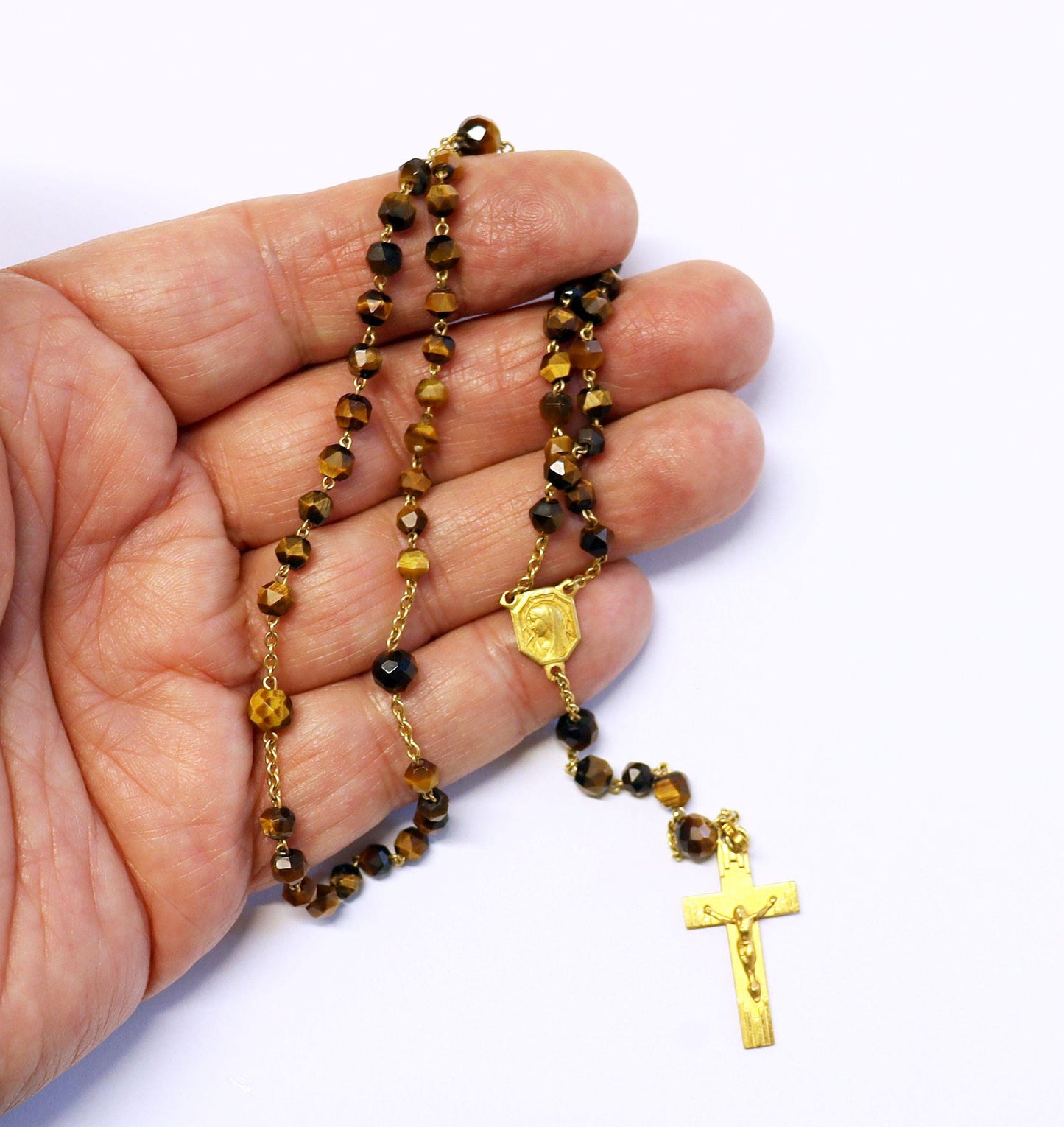 Vintage Tiger Eye Gold Rolled Catholic Rosary, Hand-Faceted Beads, 1930's Unique Vintage Religious Jewelry