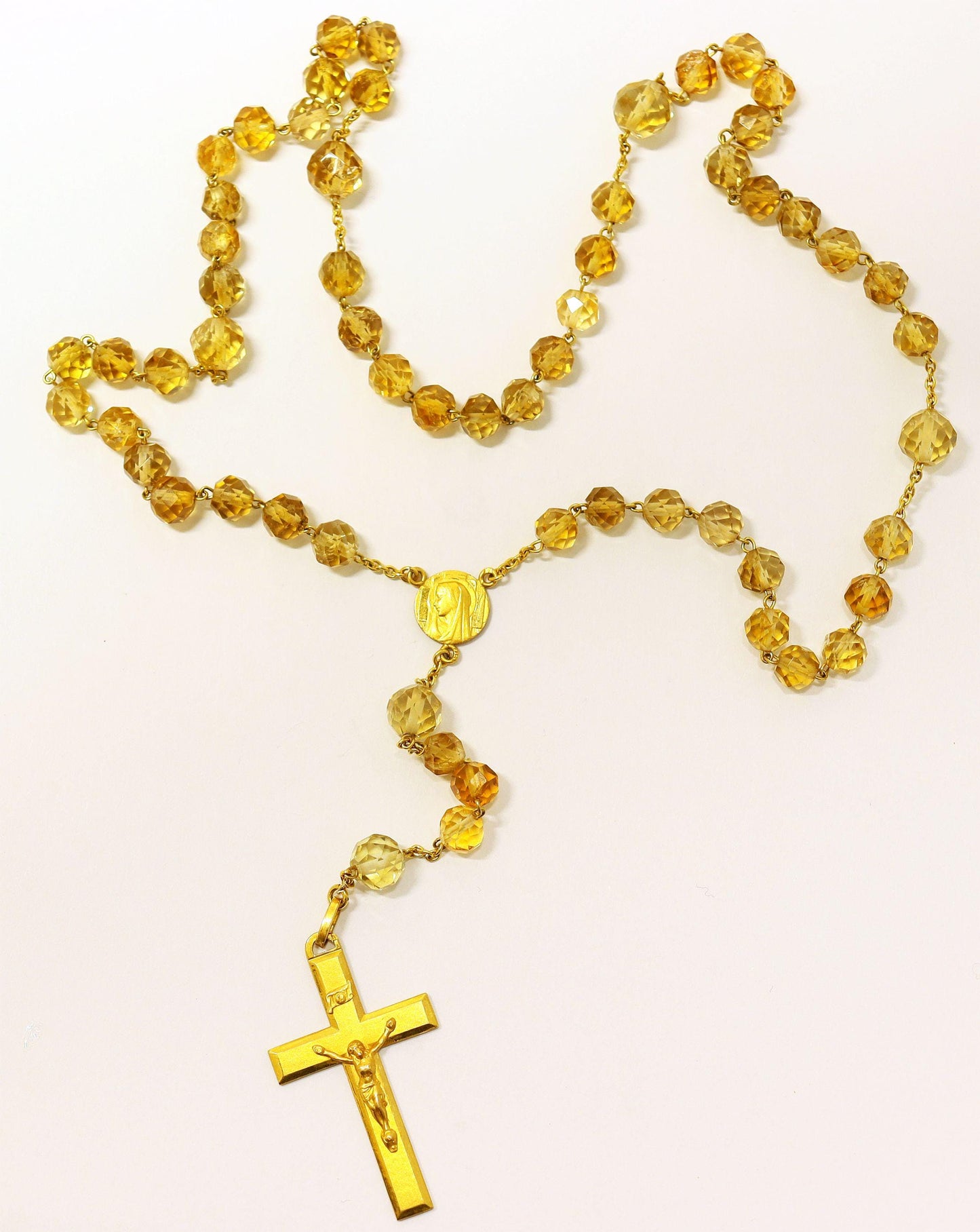 Vintage Citrine Crystal Gold Rolled Rosary, 1930s Hand-Faceted Beads, Old Religious Item, Catholic Prayer Beads, Unique Antique Jewelry