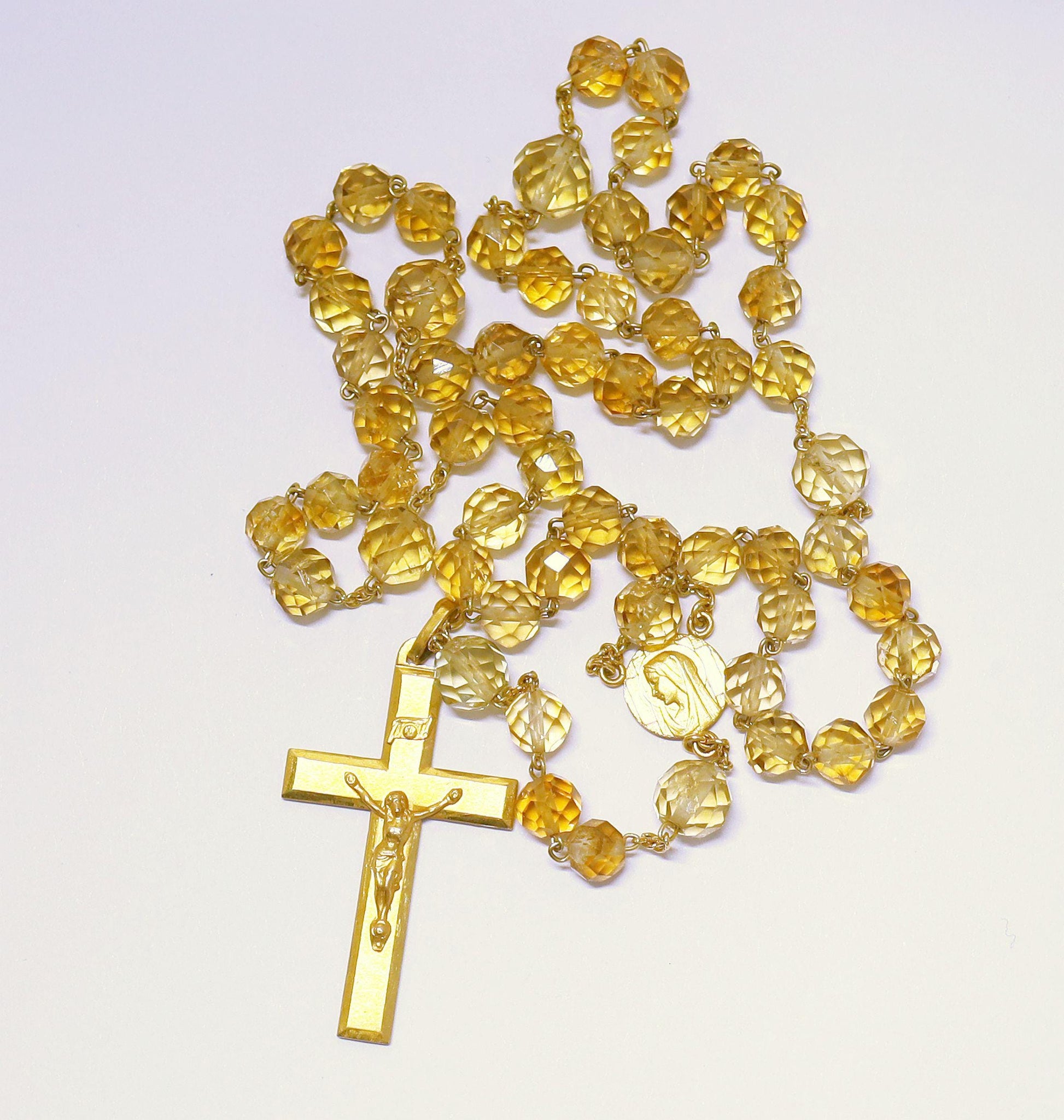 Vintage Citrine Crystal Gold Rolled Rosary, 1930s Hand-Faceted Beads, Old Religious Item, Catholic Prayer Beads, Unique Antique Jewelry