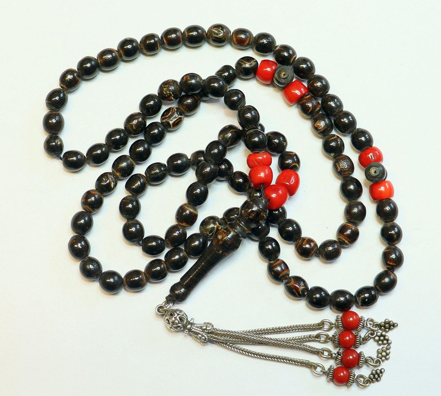 Vintage Islamic Prayer Beads: Yusr Black Coral, Red Coral, Sterling Silver Tassel