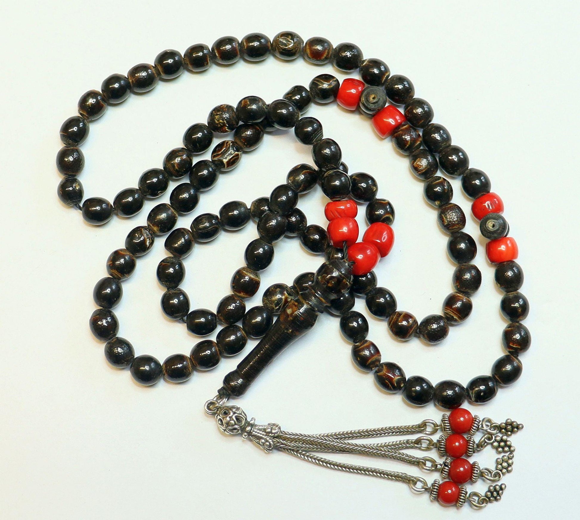 Vintage Islamic Prayer Beads: Yusr Black Coral, Red Coral, Sterling Silver Tassel