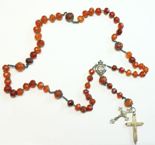 Early 20th Cent. Genuine Hand Faceted Baltic Amber & Sterling Silver Catholic Rosary w reliquary Cross - Rare