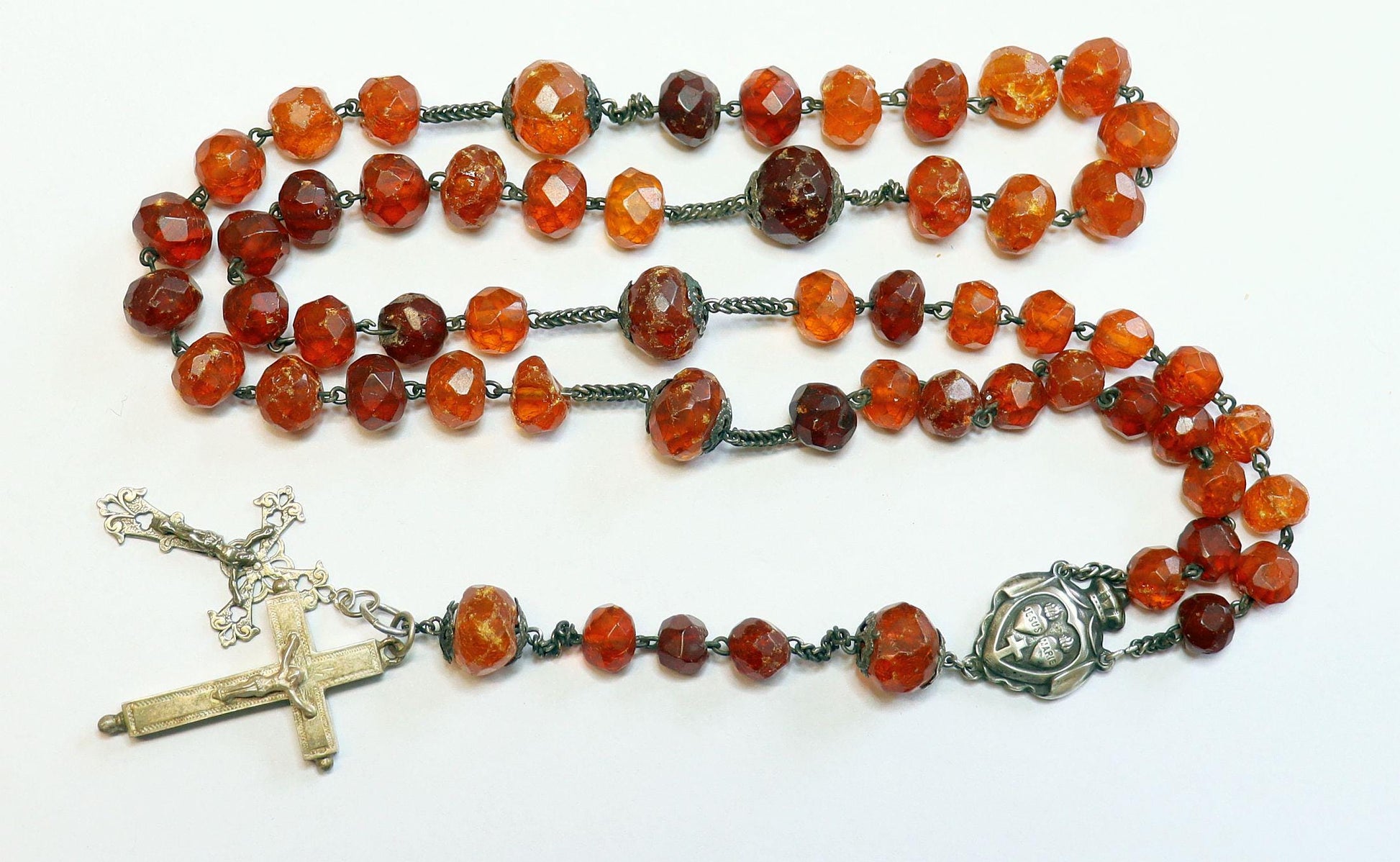 Early 20th Cent. Genuine Hand Faceted Baltic Amber & Sterling Silver Catholic Rosary w reliquary Cross - Rare