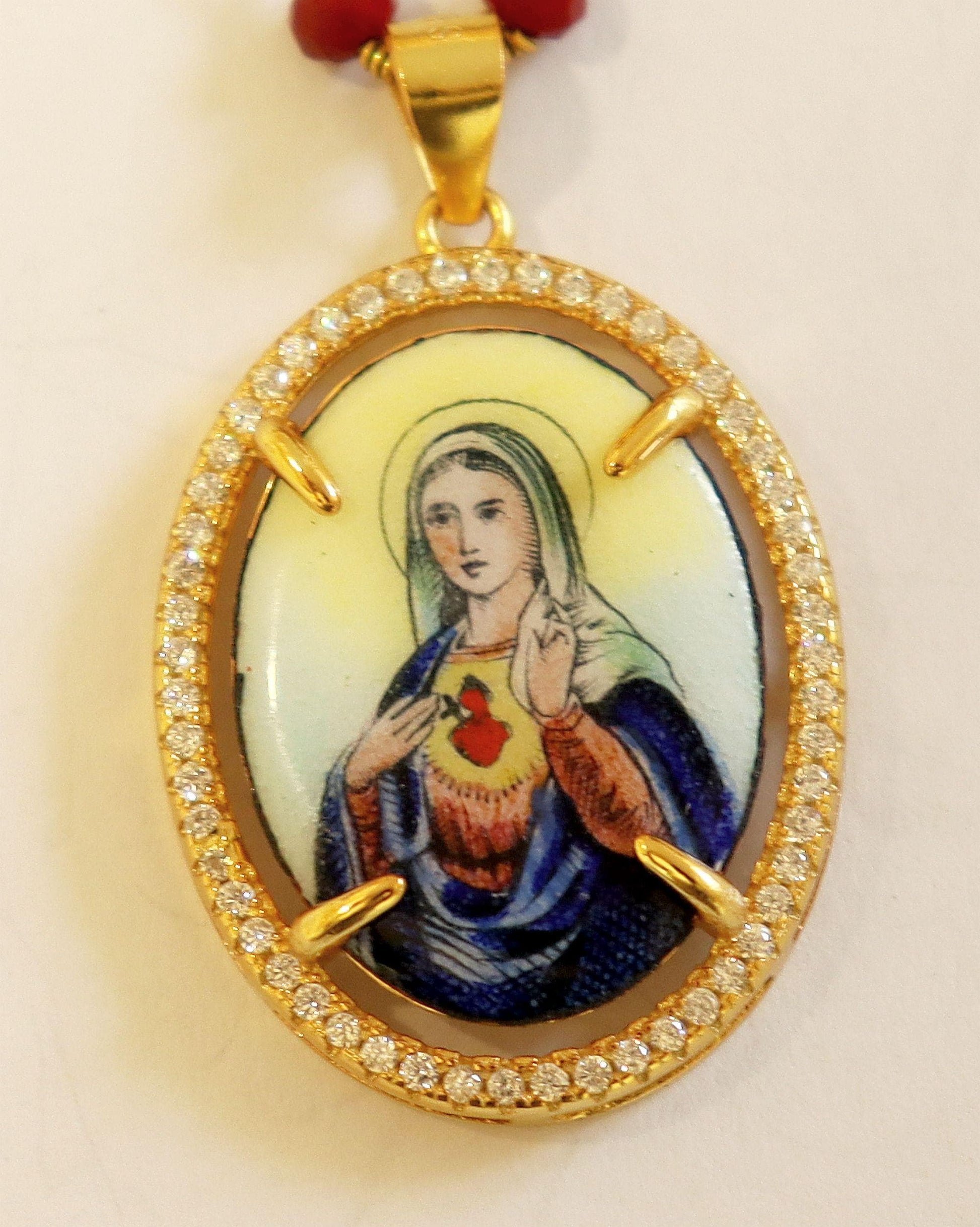 Sacred Heart of Mary Hand Painted Miniature Vintage Medal in Vermeil Zircon Frame w Faceted Carnelian Rosary Sterling Chain- V.Rare