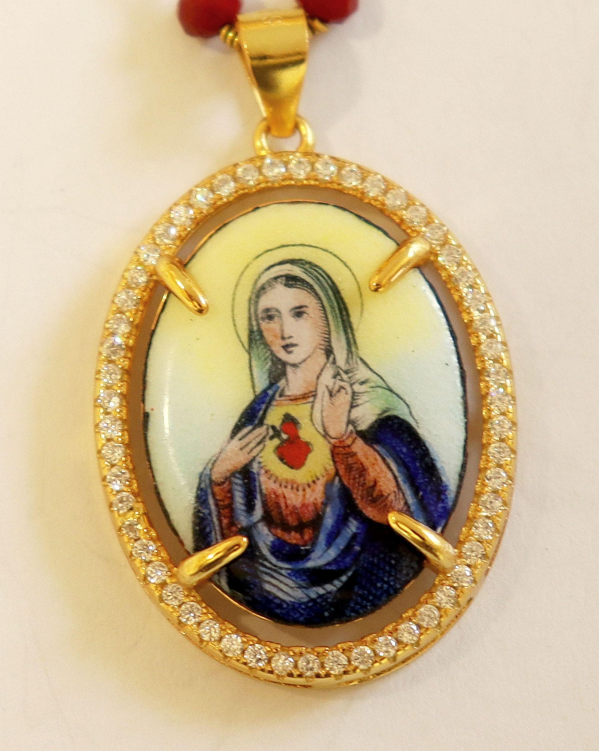 Hand Painted Miniature Vintage Enamel Medal of Sacred Heart of Mary in Vermeil Zircon Frame w Faceted Carnelian Rosary Sterling Chain XXR