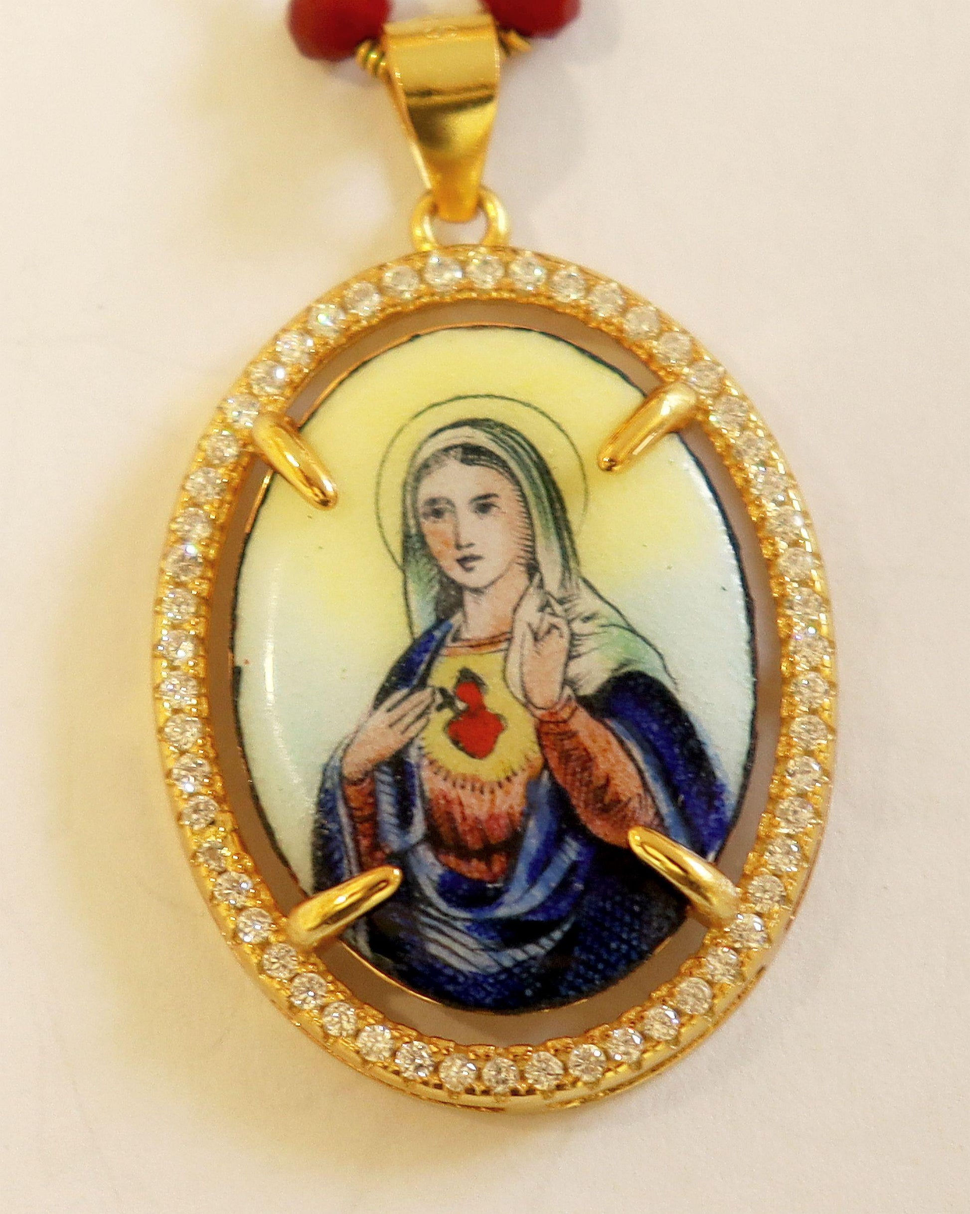 Hand Painted Miniature Vintage Enamel Medal of Sacred Heart of Mary in Vermeil Zircon Frame w Faceted Carnelian Rosary Sterling Chain XXR