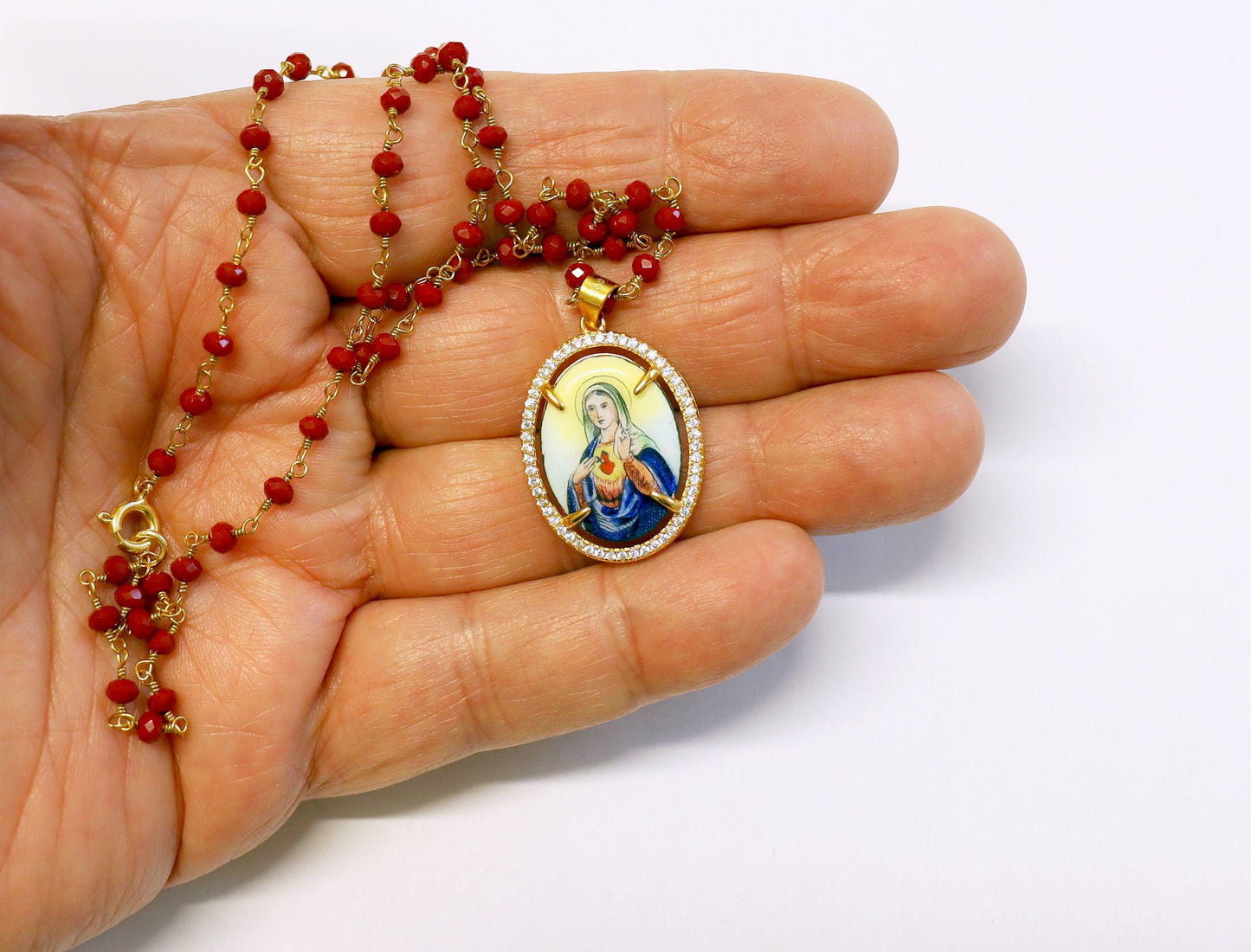 Sacred Heart of Mary Hand Painted Miniature Vintage Medal in Vermeil Zircon Frame w Faceted Carnelian Rosary Sterling Chain- V.Rare