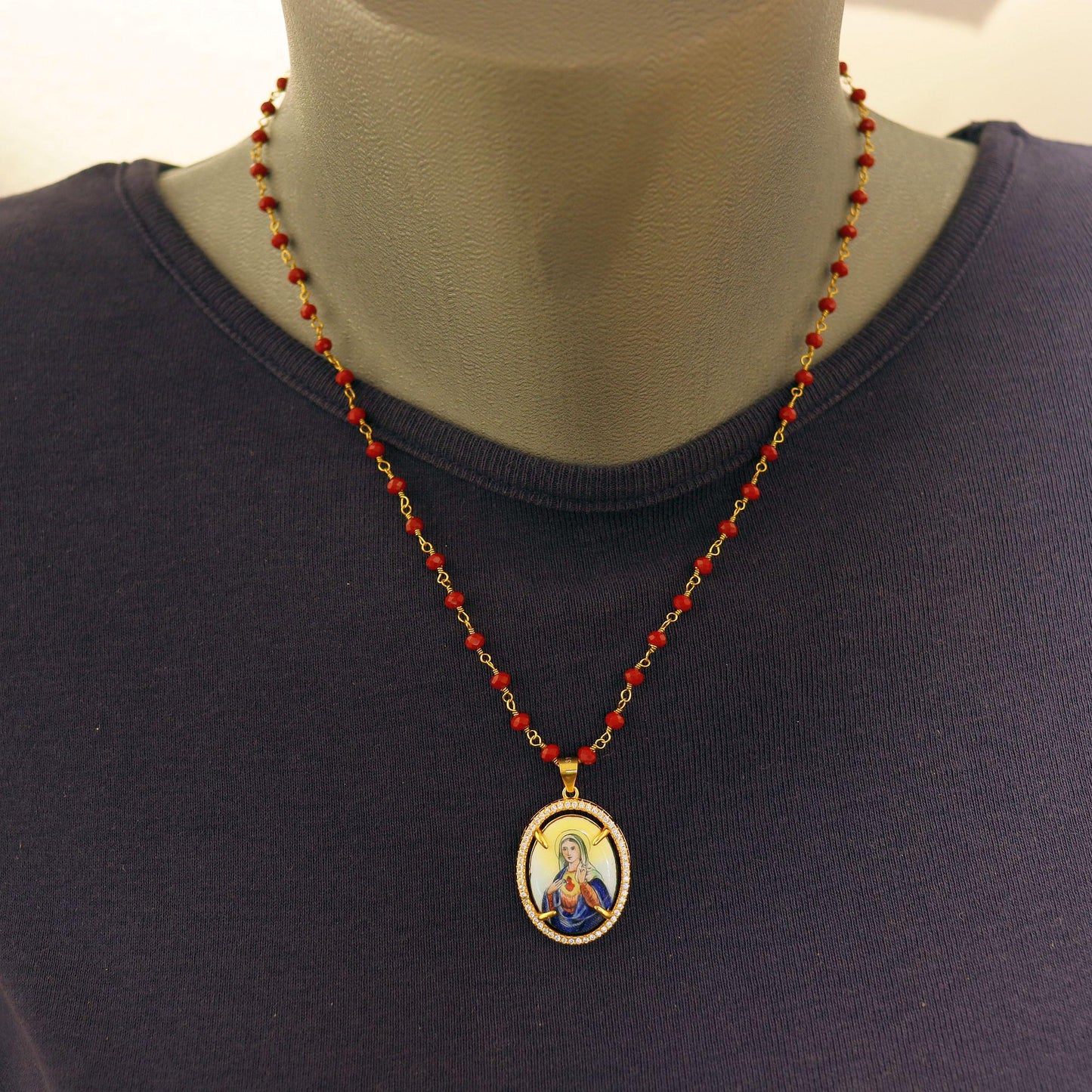 Sacred Heart of Mary Hand Painted Miniature Vintage Medal in Vermeil Zircon Frame w Faceted Carnelian Rosary Sterling Chain- V.Rare