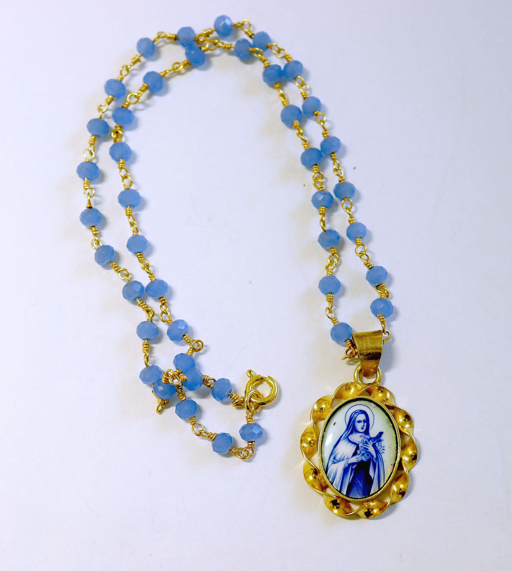 St Therese Miniature Vintage Enamel Medal in Hand made Vermeil Frame w Faceted Aquamarin Rosary Vermeil Chain- V.Rare