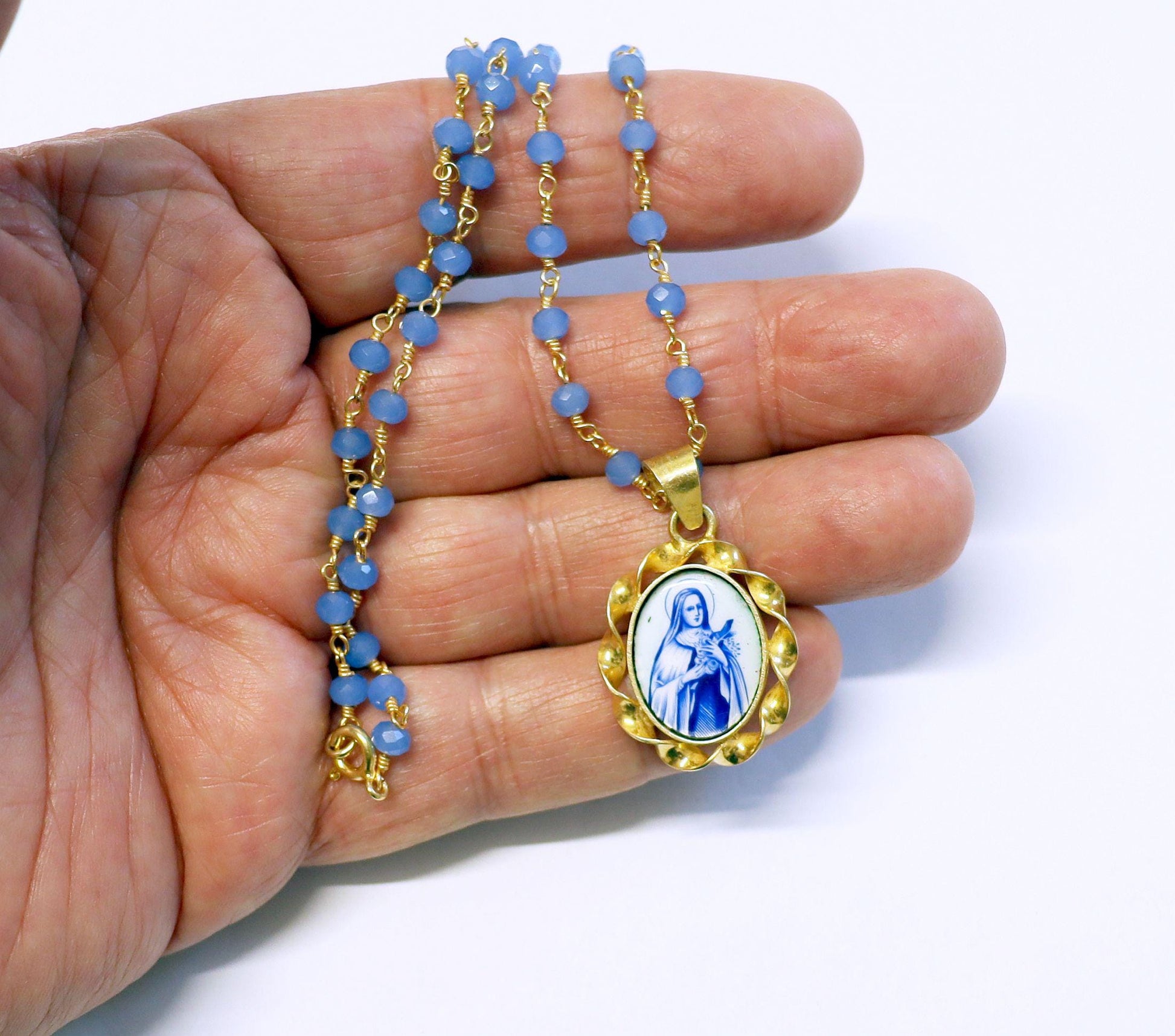 St Therese Miniature Vintage Enamel Medal in Hand made Vermeil Frame w Faceted Aquamarin Rosary Vermeil Chain- V.Rare