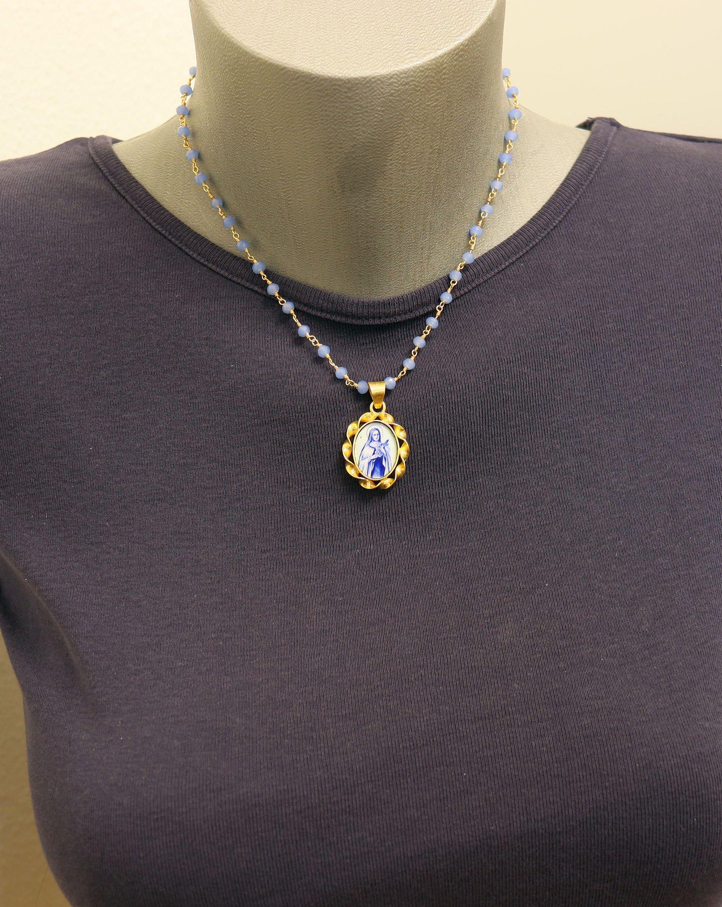 Miniature Vintage Enamel Medal of St Therese in Hand made Vermeil Frame w Faceted Aquamarin Rosary Vermeil Chain- V.Rare