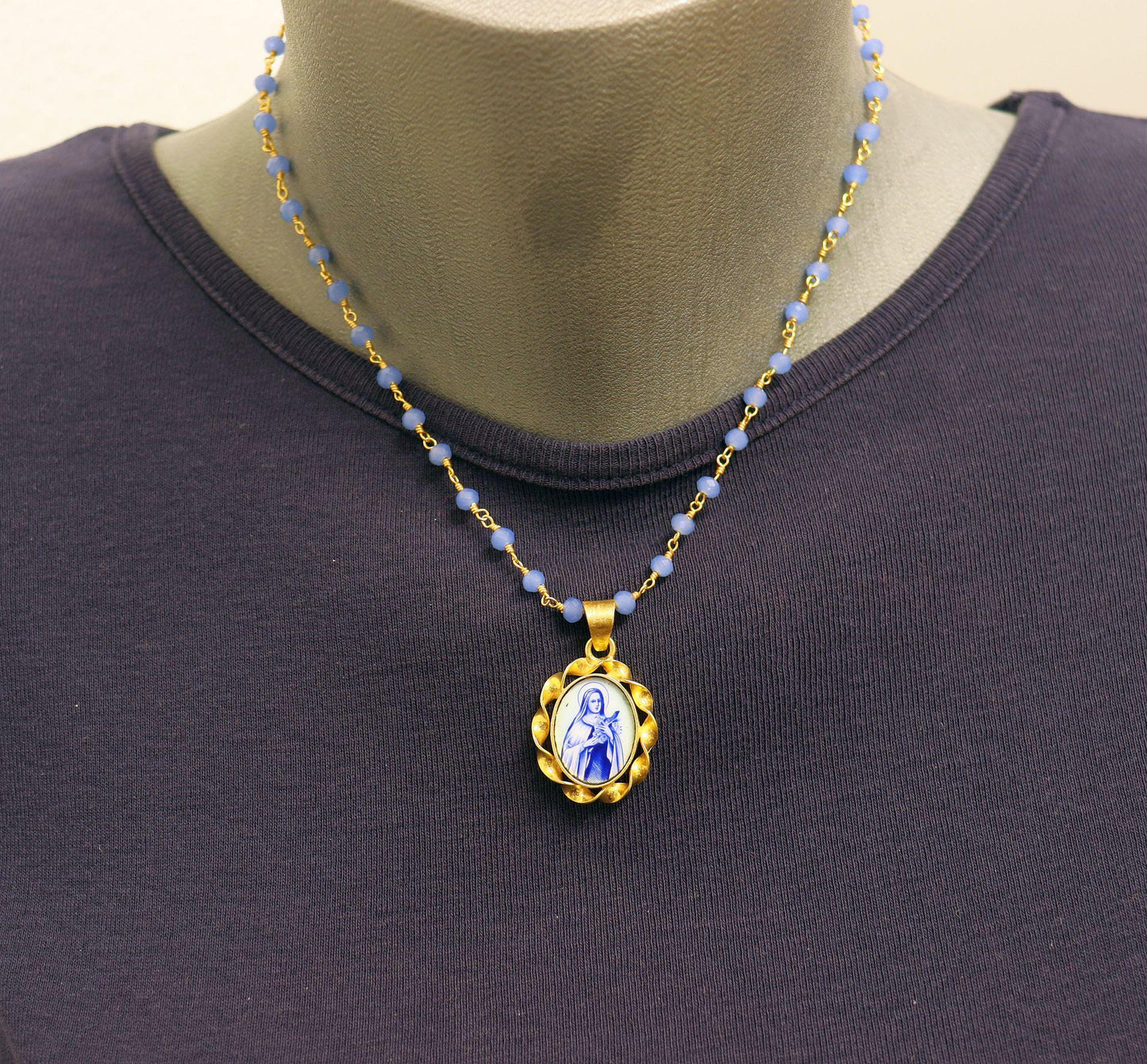 Miniature Vintage Enamel Medal of St Therese in Hand made Vermeil Frame w Faceted Aquamarin Rosary Vermeil Chain- V.Rare