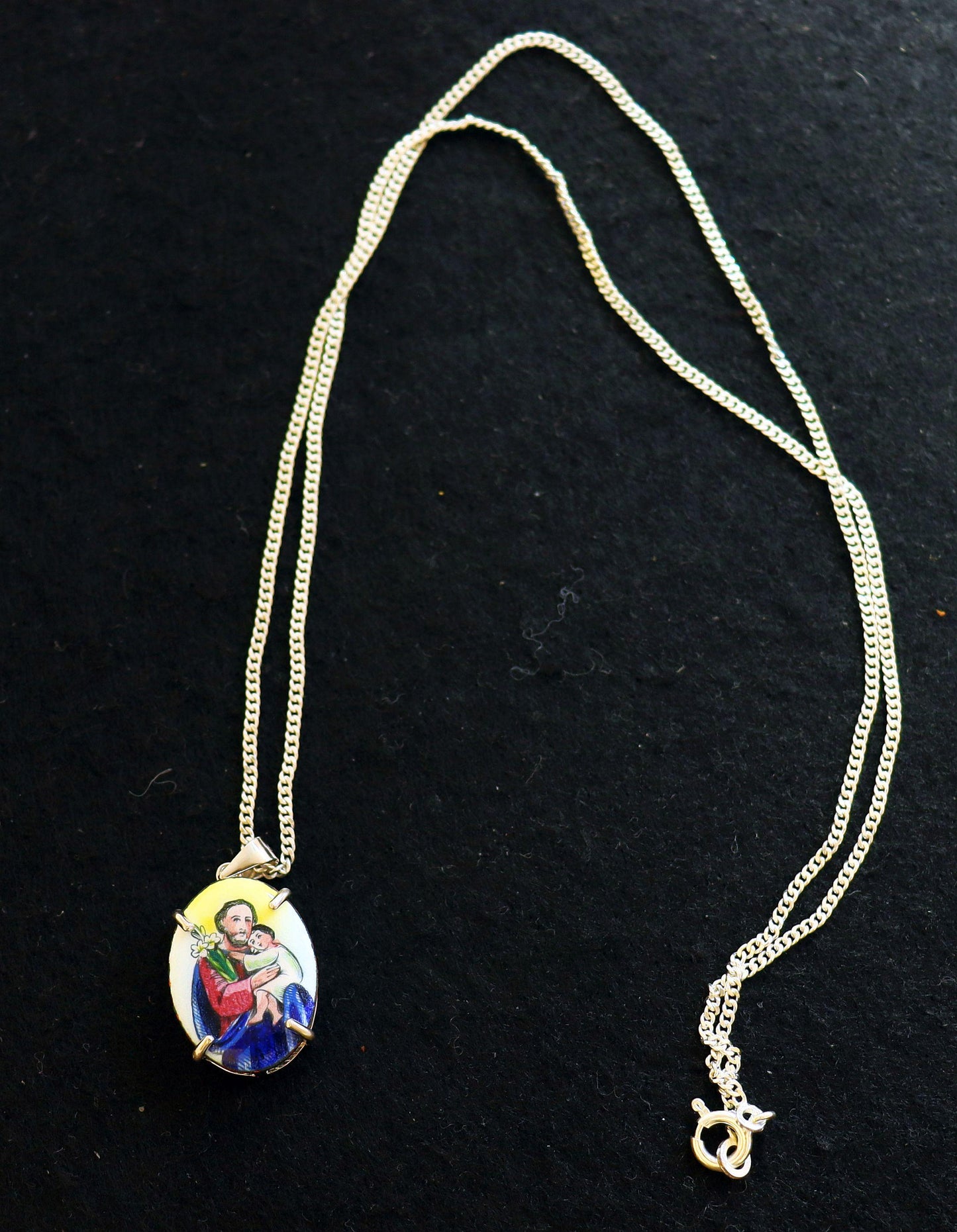 St. Joseph Hand Painted Miniature Vintage Enameled Medal in Hand made Sterling Silver Frame w Sterling Silver Chain- V.Rare