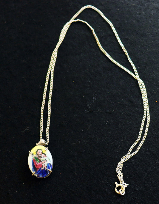 Hand Painted Miniature of St. Joseph Vintage Enameled Medal in Hand made Sterling Silver Frame w Sterling Silver Chain- V.Rare