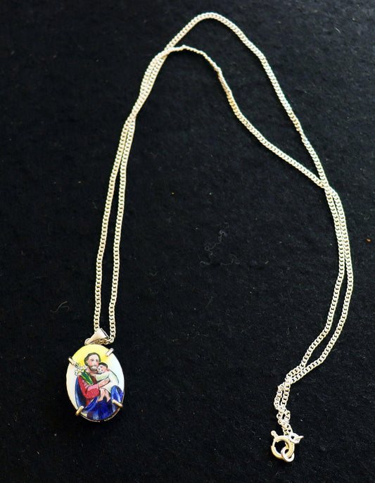 Hand Painted St. Joseph Porcelain Medal: Vintage Sterling Silver Necklace
