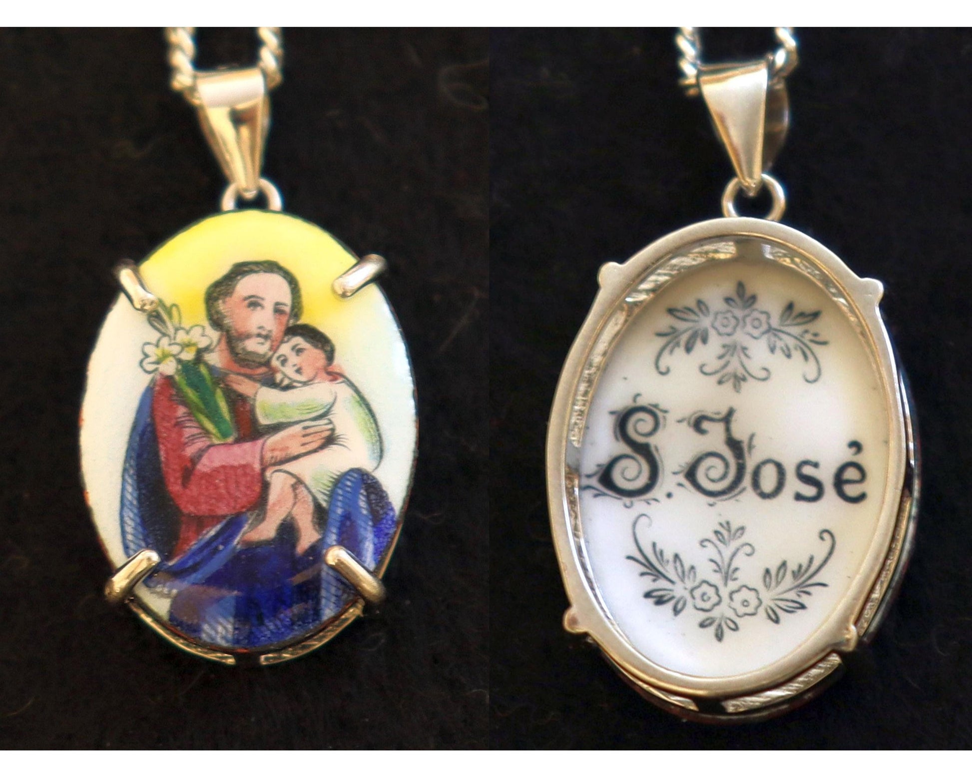 St. Joseph Hand Painted Miniature Vintage Enameled Medal in Hand made Sterling Silver Frame w Sterling Silver Chain- V.Rare