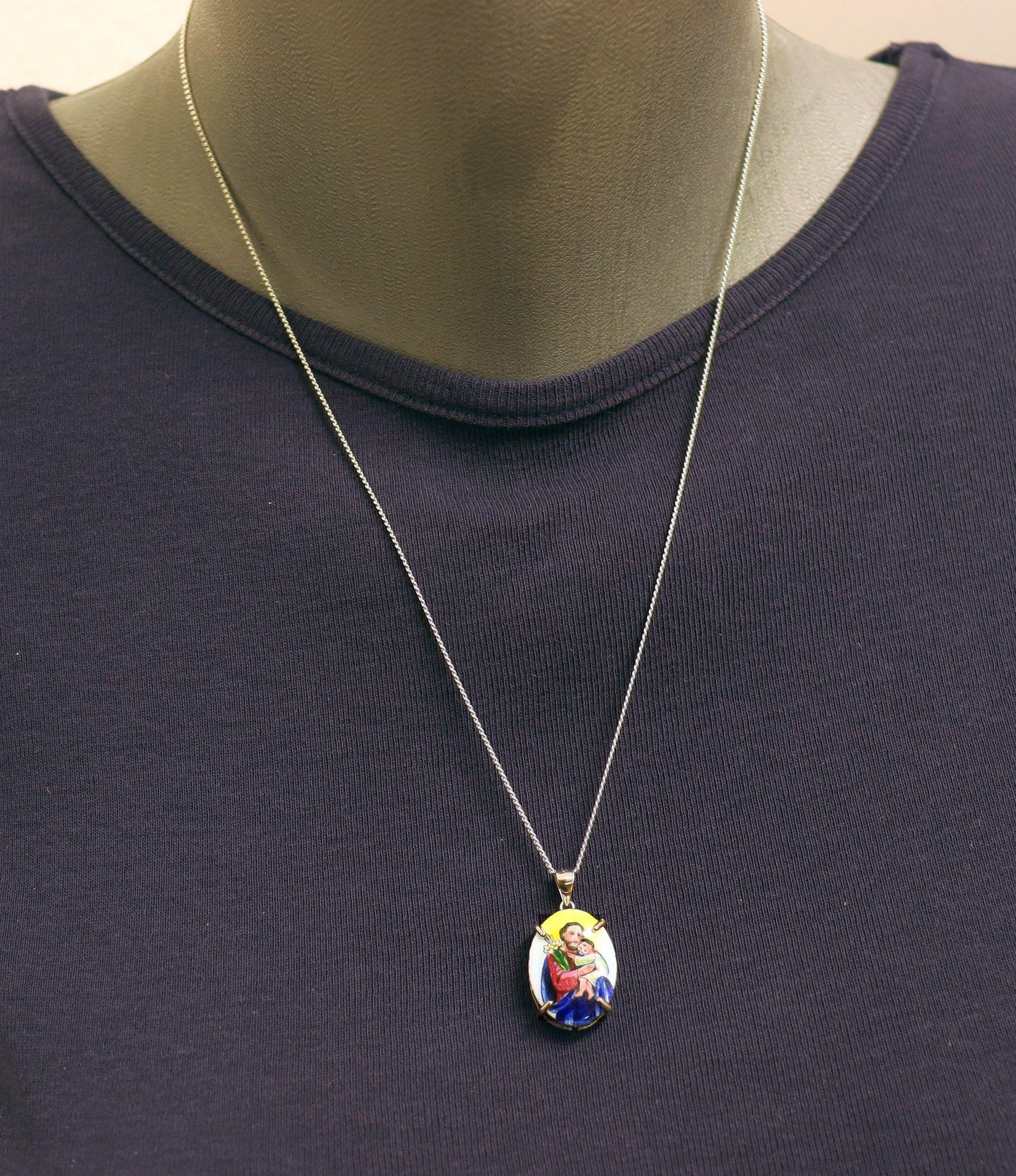 Hand Painted St. Joseph Porcelain Medal: Vintage Sterling Silver Necklace