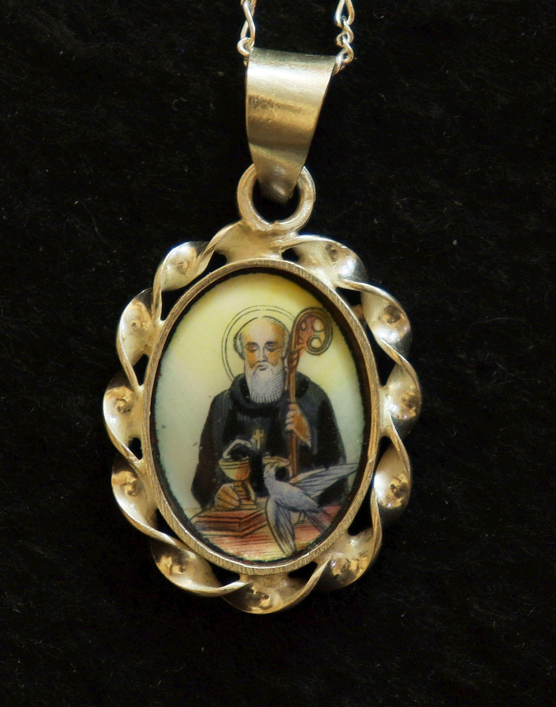 St. Benedict Hand Painted Miniature Vintage Enameled Medal in Hand made Sterling Silver Frame w Sterling Silver Chain- V.Rare