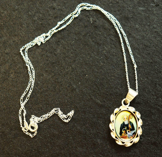 Hand Painted Miniature of St Benedict, Vintage Enameled Medal in Hand made Sterling Silver Frame w Sterling Silver Chain- V.Rare