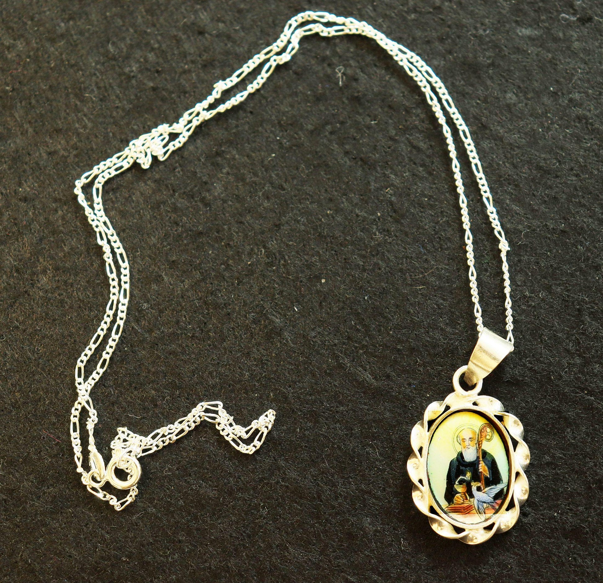 Hand Painted Miniature of St Benedict, Vintage Enameled Medal in Hand made Sterling Silver Frame w Sterling Silver Chain- V.Rare